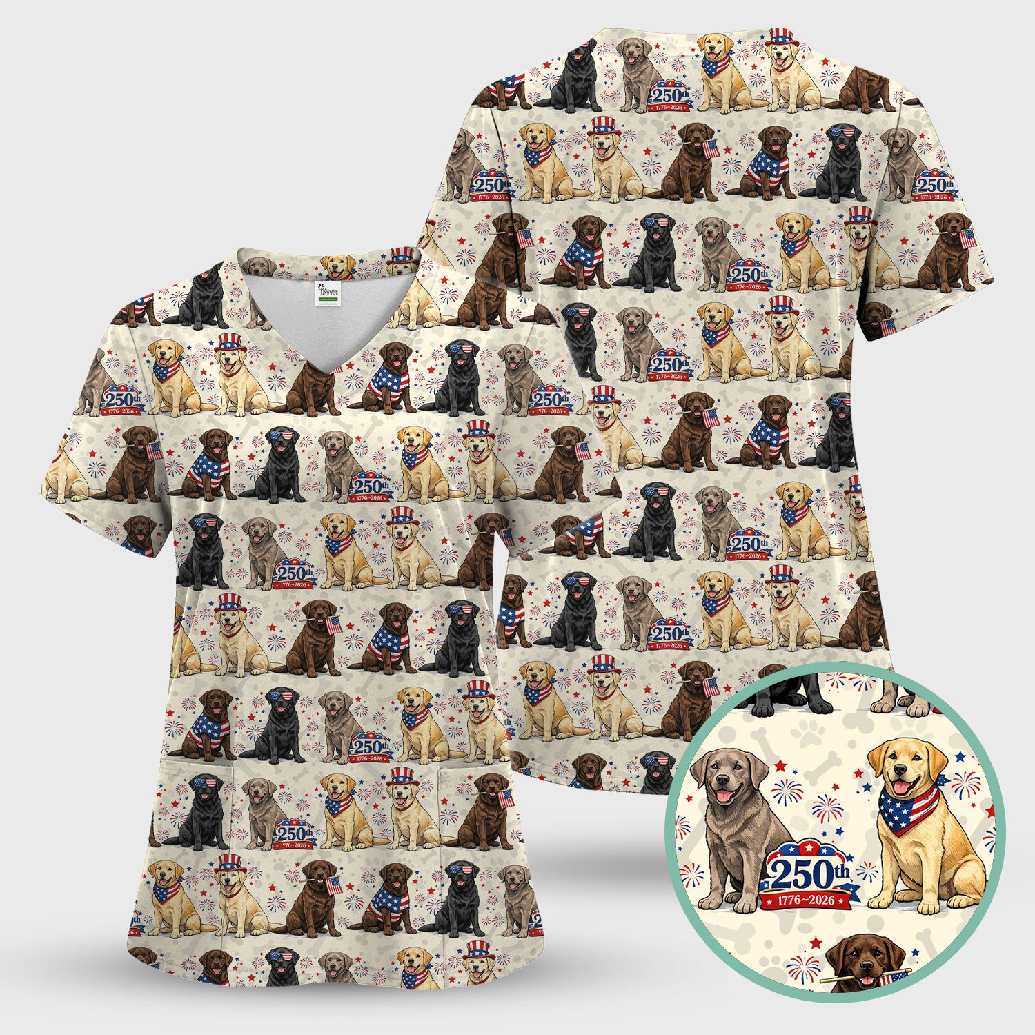4th of July Labrador Dog Patriotic Print Scrub Set, Scrub Pants and V Neck Top