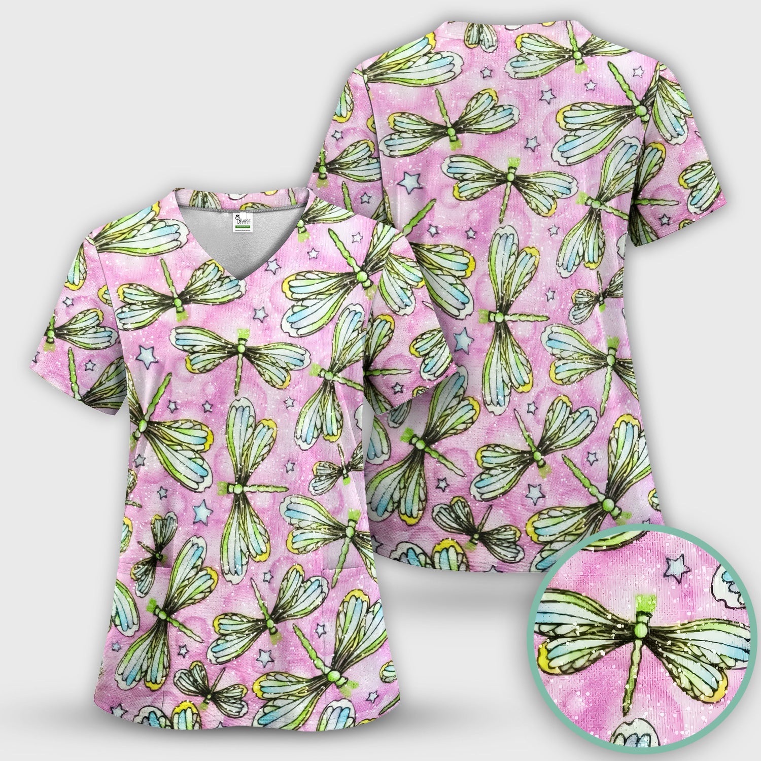 Dragonfly On Pink Starry Background Scrub Set, Scrub Pants and V Neck Top