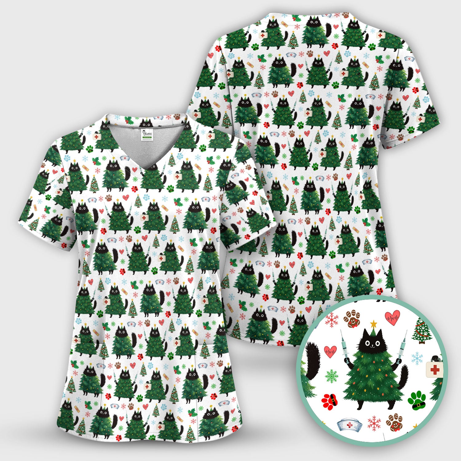 Christmas Nurse Scrub Top, Xmas Black Cat Pattern Nurse Shirt,  Breathable Fabrics Nursing Uniform