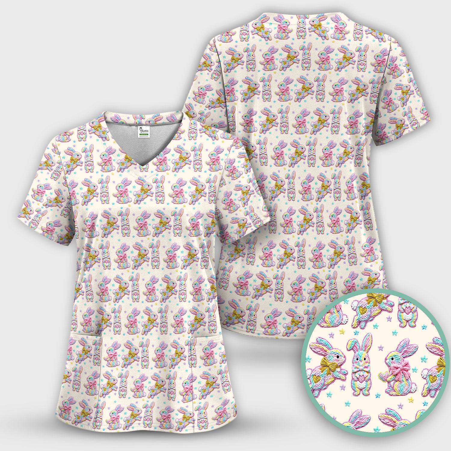 Cartoon Bunny All Over Print Scrub Top, Comfortable Scrubs for Nurses, Easter