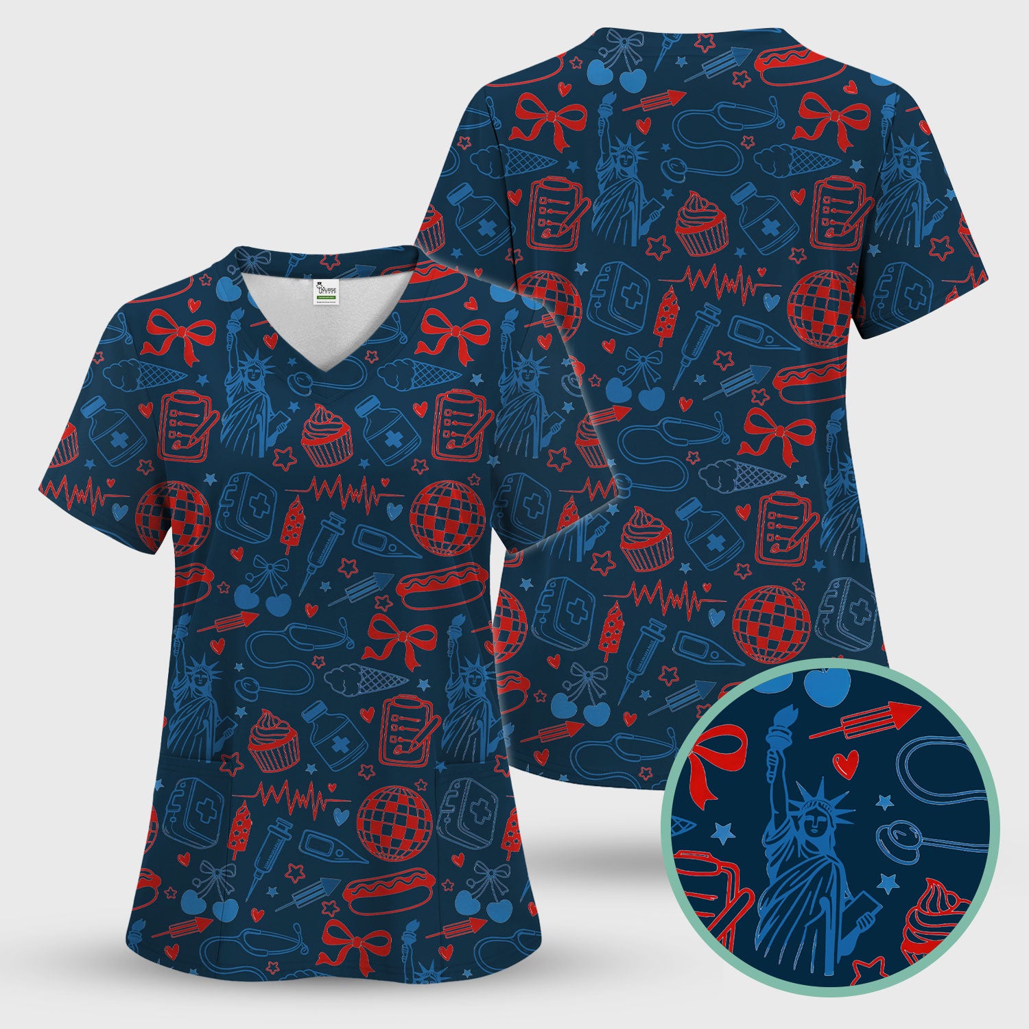 Patriotic Nurse Medical Icons Pattern Scrub Set, Scrub Pants and V Neck Top
