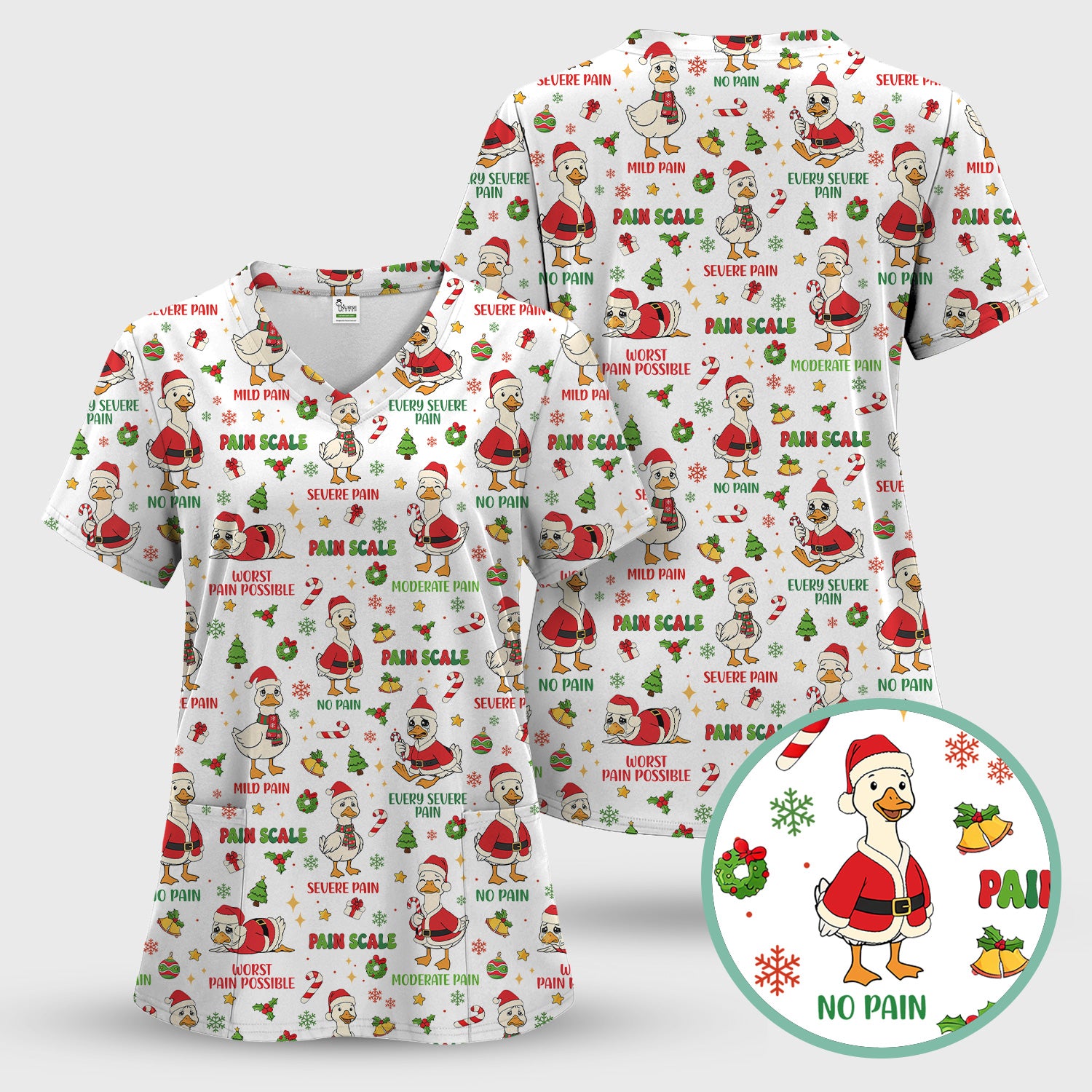 Christmas Nurse Scrub Top - Funny Goose Pain Scale - Cute Holiday Medical Uniform for Women