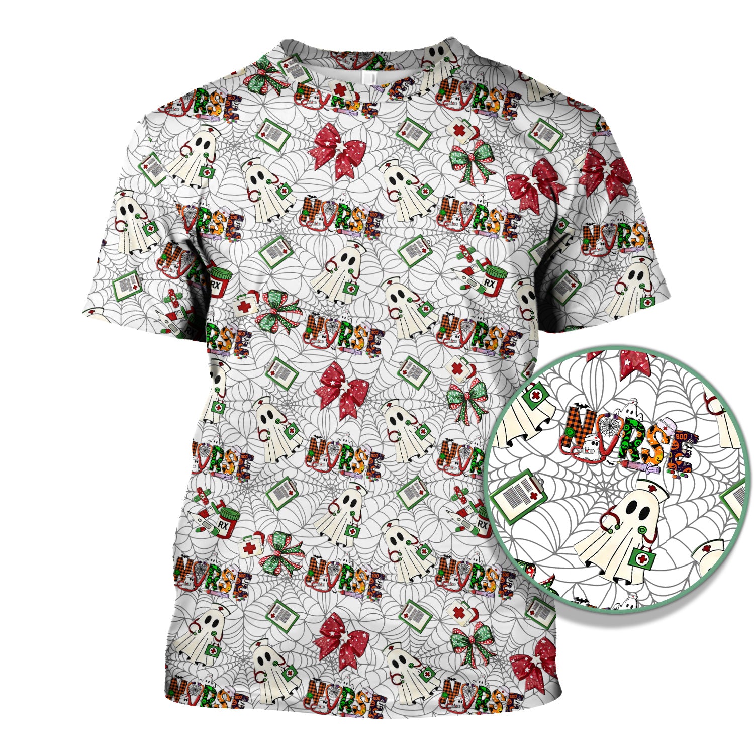 Halloween Nurse Scrub Top for Women - Cute Ghost and Spider Web Scrub Shirt Multi Color - Funny Nursing Work Shirt with Pockets