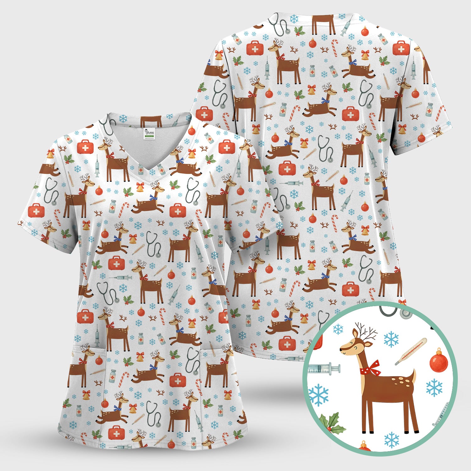 Christmas Reindeer Scrub Top for Nurses - Cute Reindeers Snowflakes Candy Canes Shirt - Comfortable Med Uniform