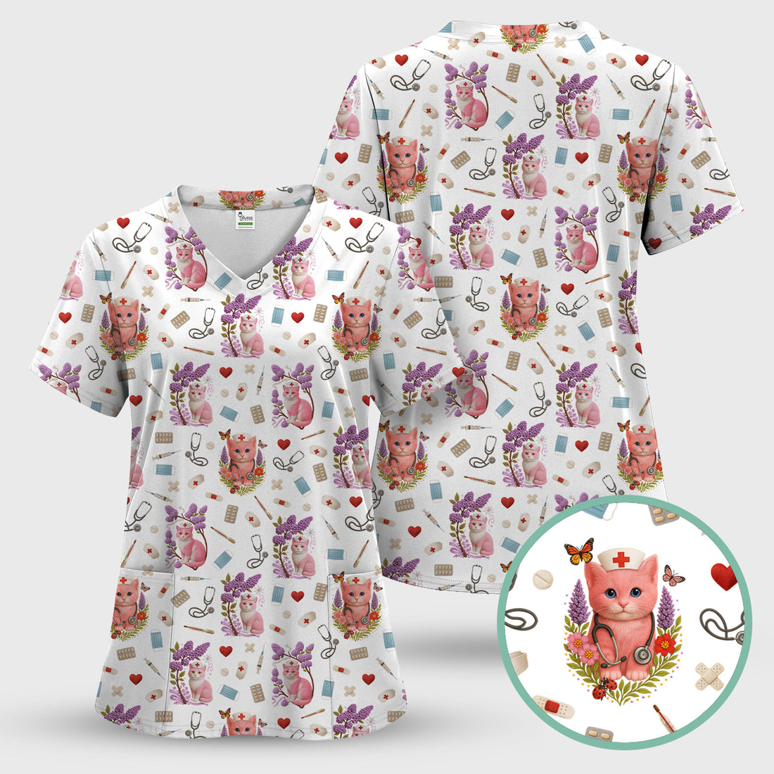 Pink Cat Print Medical Scrub Top - Cute Nurse Shirt for Women - Funny Pattern Gift for RN LPN CNA Healthcare Workers