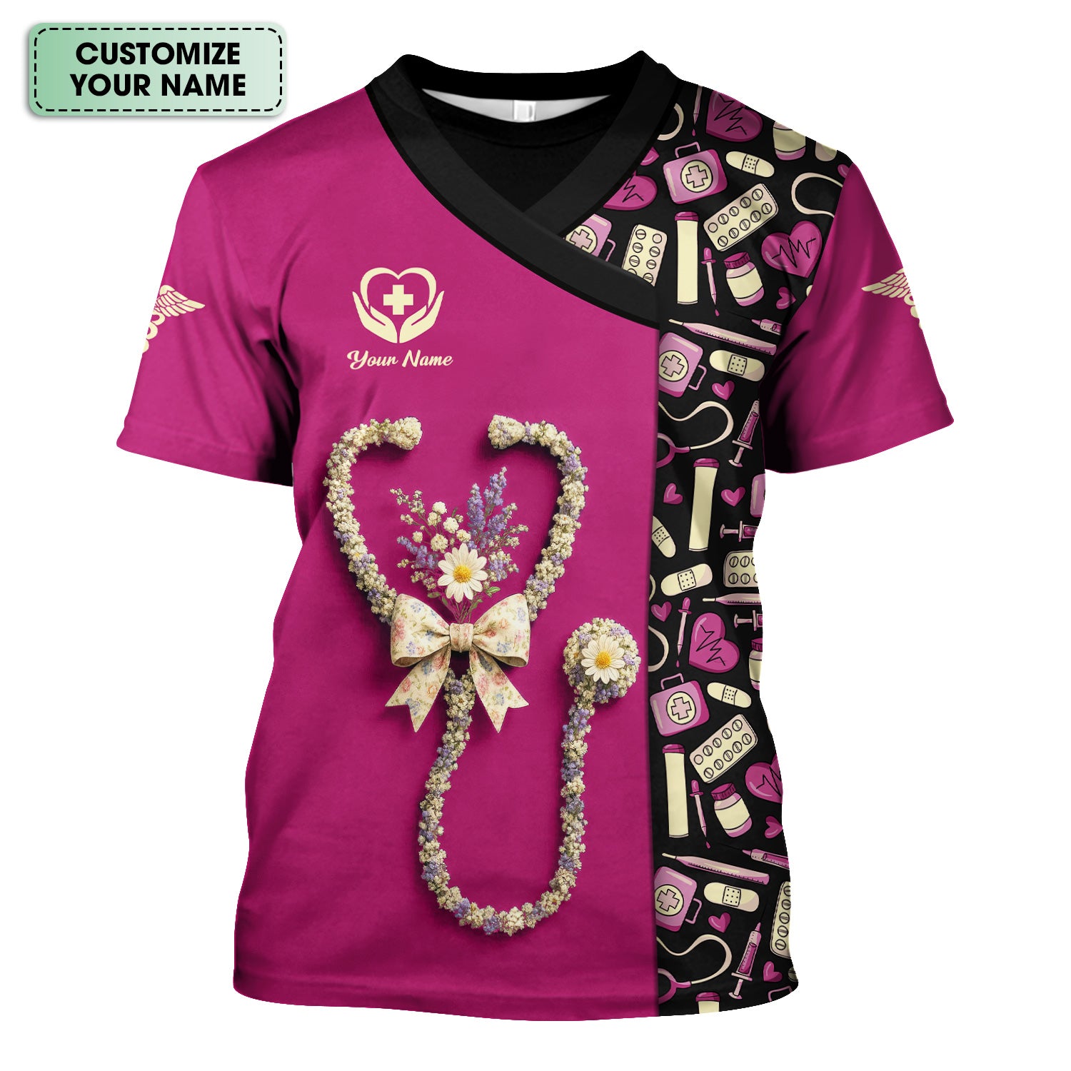 Colorful Nurse Scrubs for Women RN CNA LPN - Inspirational Floral Stethoscope Top with Heart Design - Gift for Healthcare Workers with Custom Name