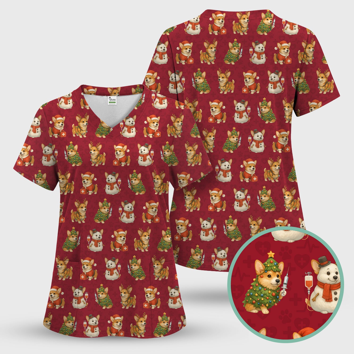 Cute Christmas Corgi Scrubs - Festive Pattern Scrub Top for Women - Cozy Holiday Nurse Scrubs Gift for Dog Lovers