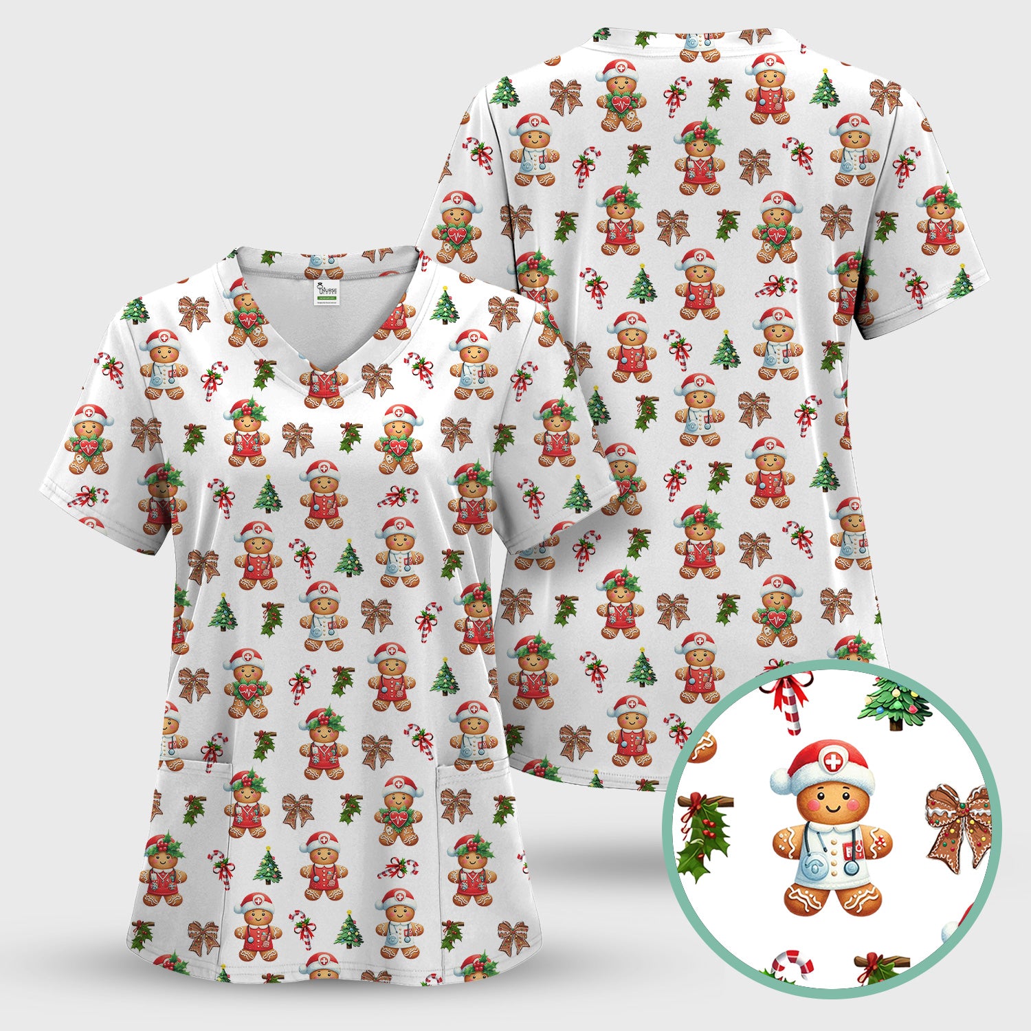 Funny Christmas Scrub Top for Nurse - Adorable Gingerbread Candy Cane Bow- Festive Medical Uniform for Women