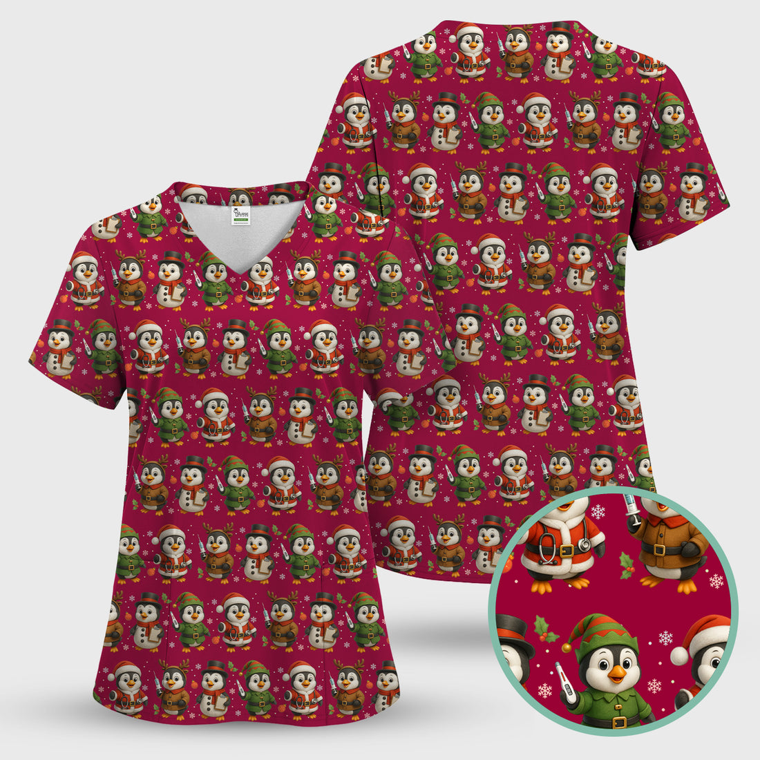 Cute Christmas Penguin Scrubs - Festive Pattern Scrub Top for Women - Cozy Holiday Scrubs Perfect for Nurse Gift Season