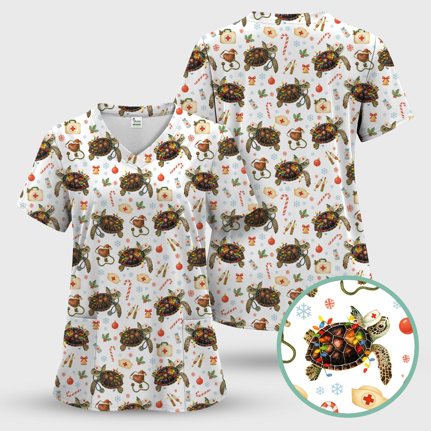 Funny Christmas Scrub Top - Sea Turtle with Xmas Lights Shirt - Holiday Nurse Scrubs for Women