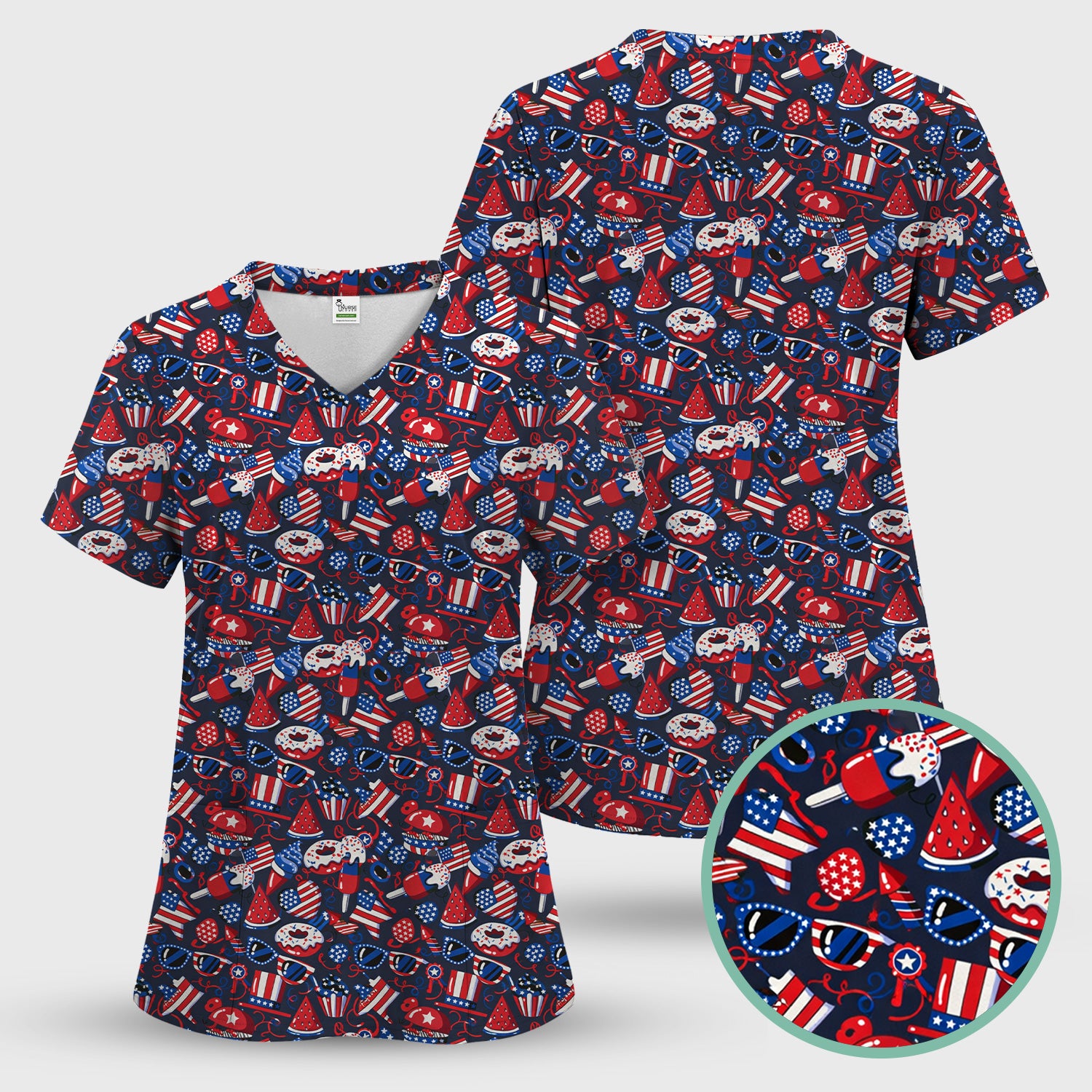 Cute Patriotic Print V Neck Scrub Set for Healthcare Workers, Red Blue Uniform