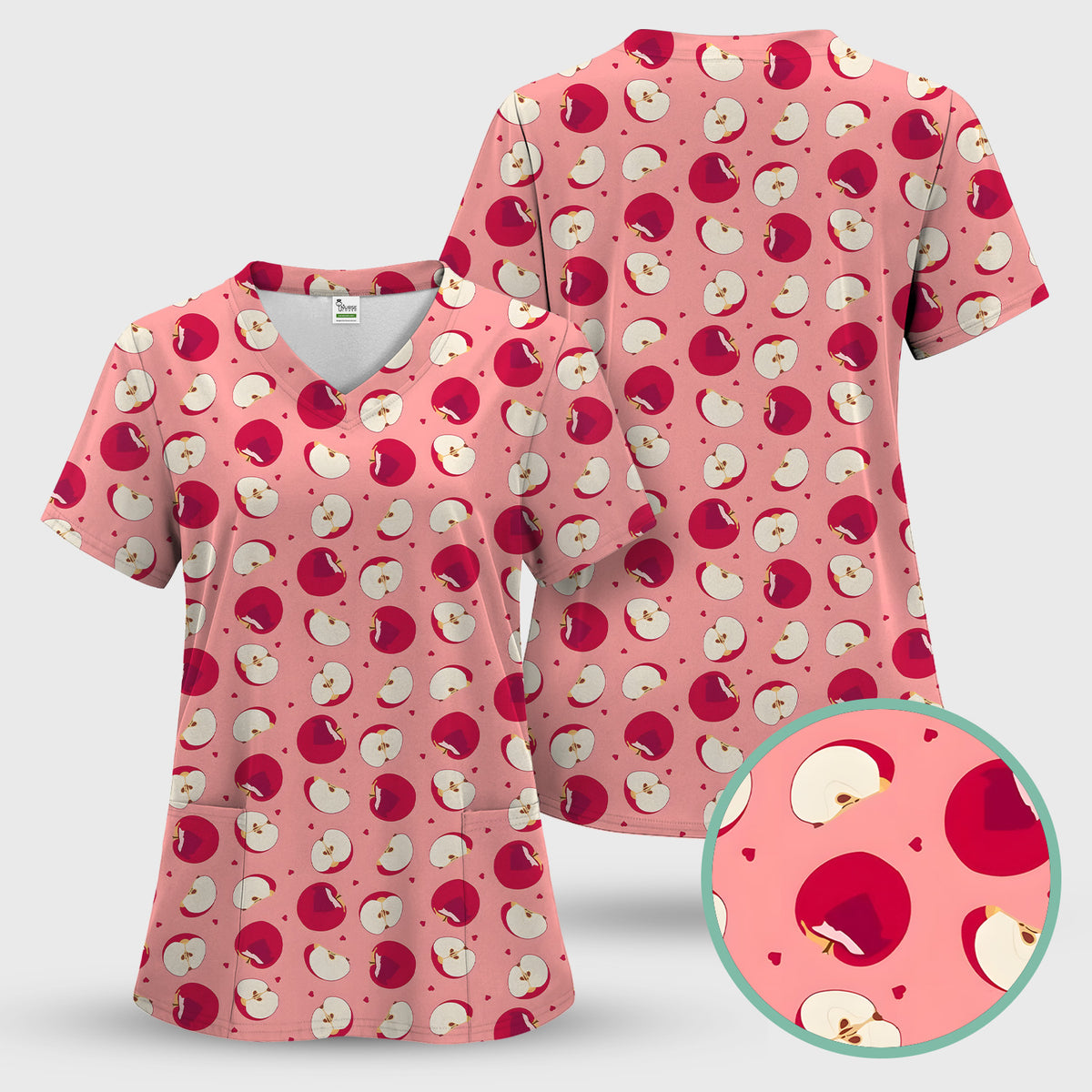 Cute Red Apple Fruit Pattern Scrubs Top, Comfortable Scrubs for Nurses