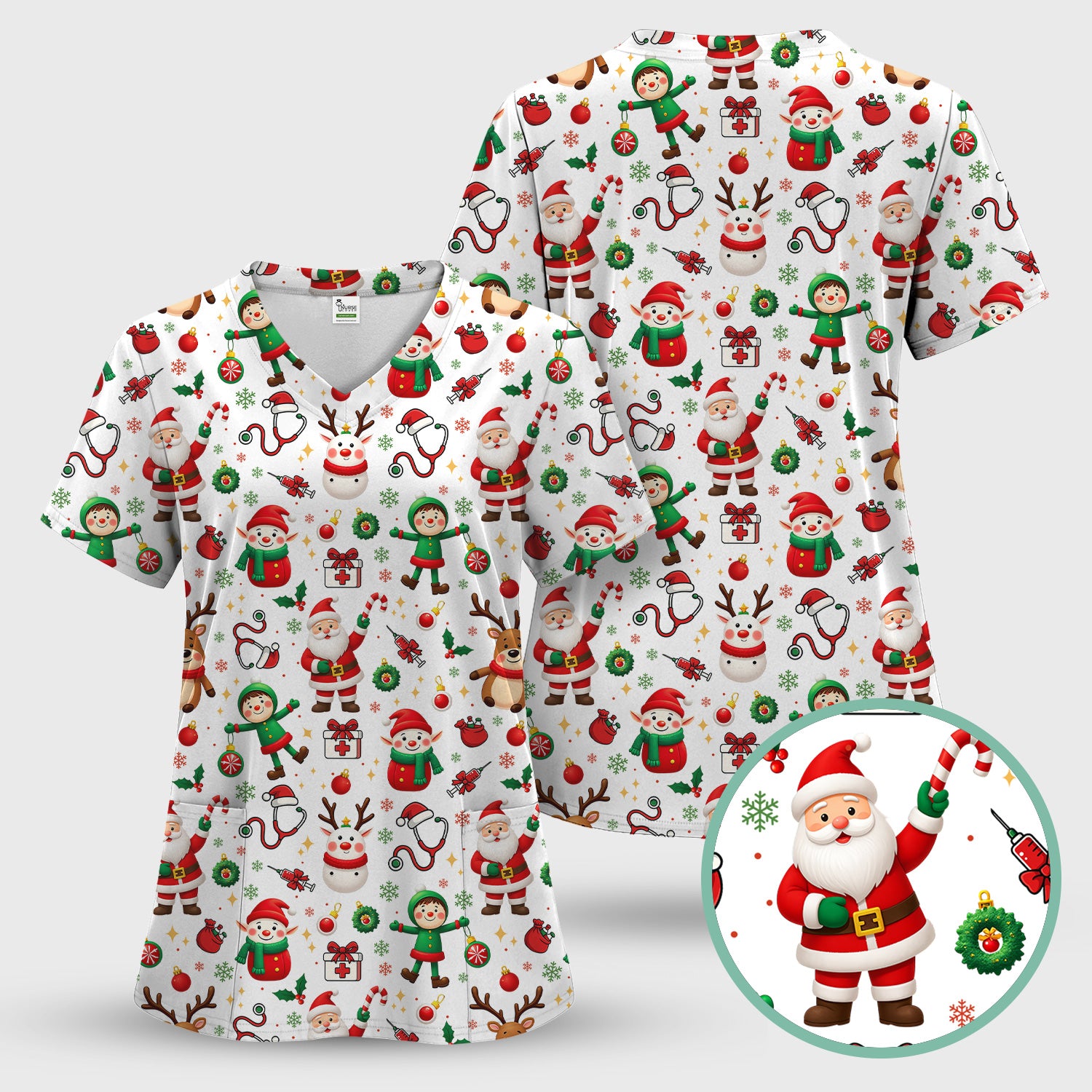 Santa Christmas Scrub Top - Cute Holiday Nurse Medical Shirt - Festive Reindeer Med Uniform for Women RN CNA LPN