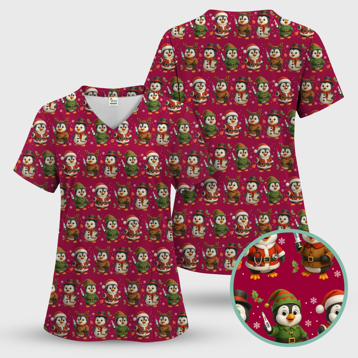 Penguin Christmas Scrubs Set - Adorable Holiday Pattern Scrub Top & Pants - Cute Penguin Scrubs for Women Christmas Season
