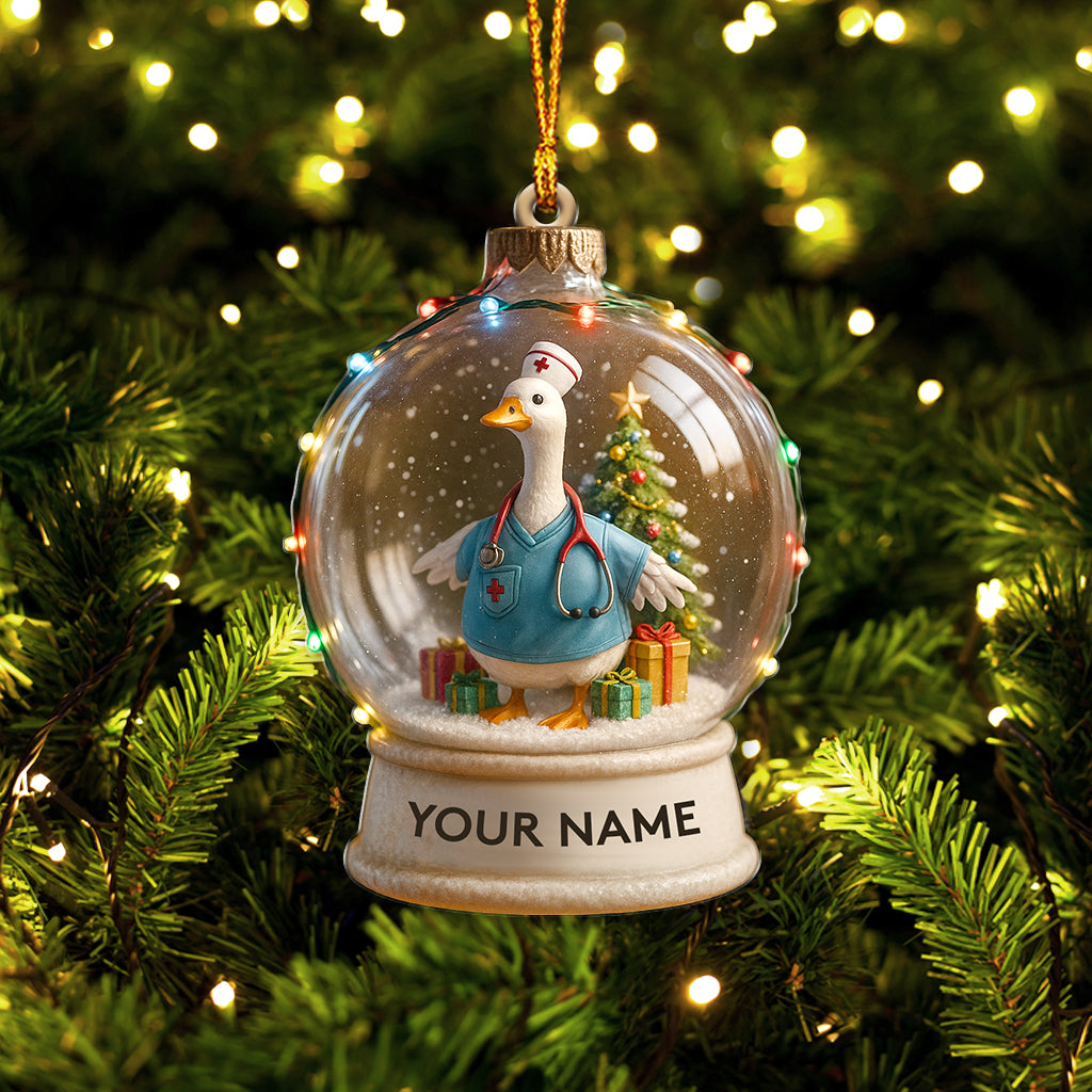 Custom Name Nurse Duck Snow Globe Ornament, Nursing Christmas Gift For RN, Personalized Holiday Decor
