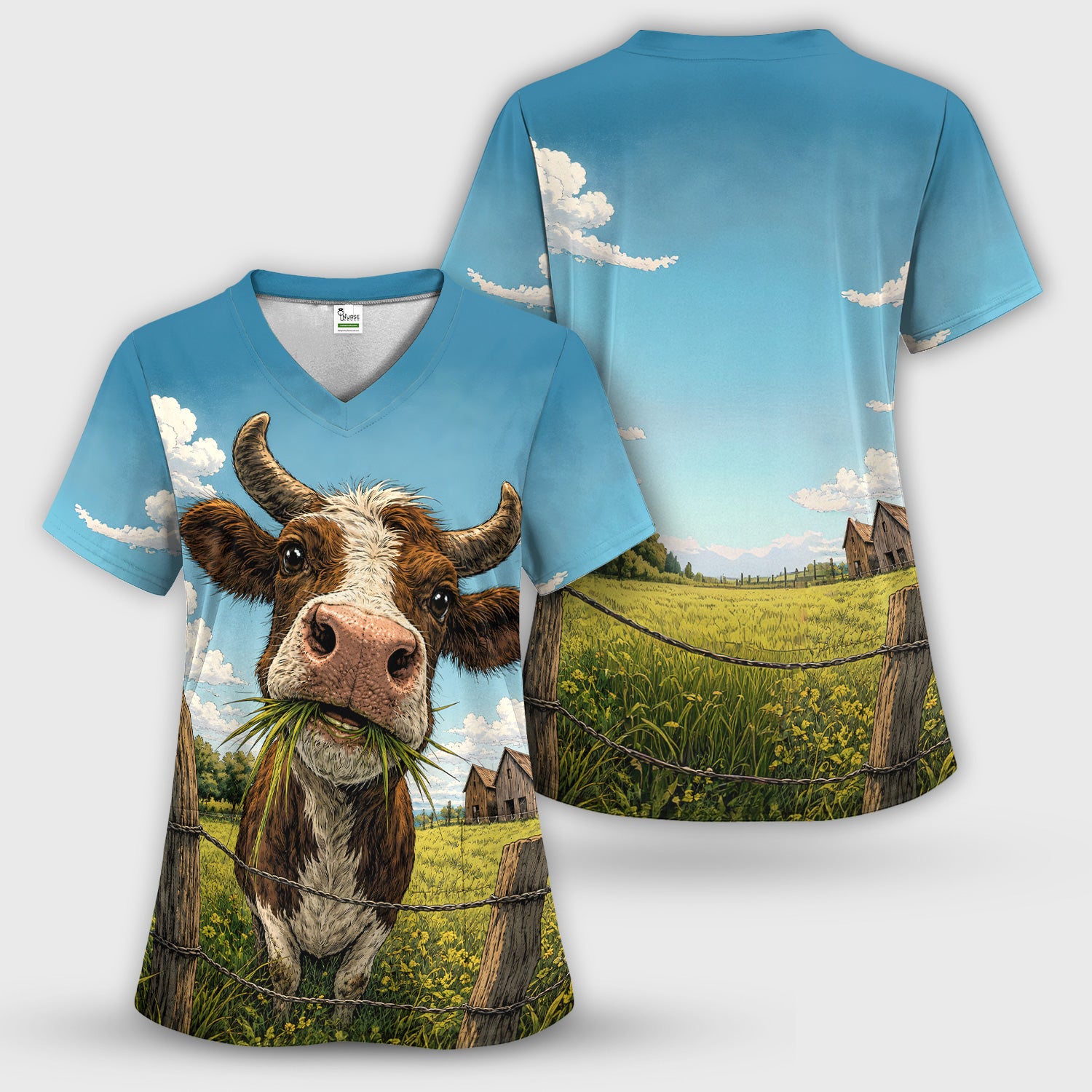 Curious Highland Cow Farm Scene Scrub Top, Comfortable Scrubs for Nurses