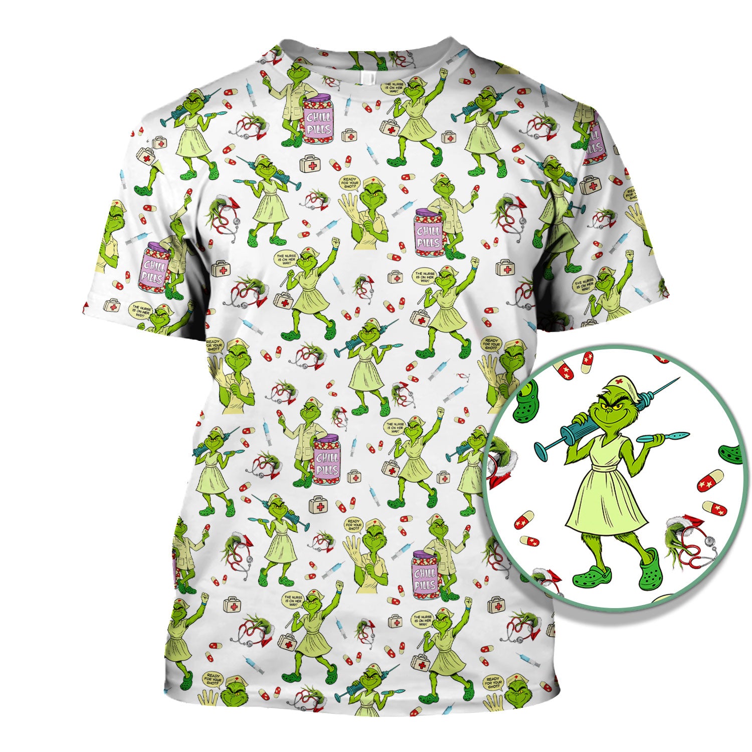 Grinch Nurse Scrub Shirt Multi Colors - Funny Chill Pills Scrub Top - Christmas Nursing Work Shirt with Pockets for Women