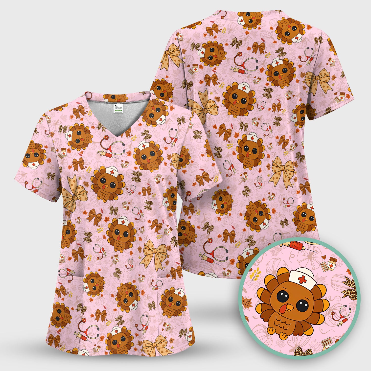 Thanksgiving Turkey Scrub for Nurses - Breathable Fabrics Nursing Uniform - Autumn Med Shirt Gift for Women