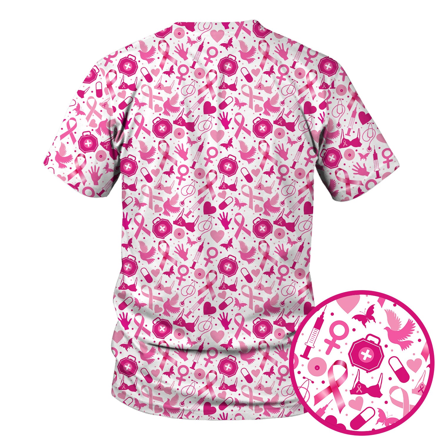 Breast Cancer Awareness Shirt - Pink Ribbon & Nurse Icons Pattern - Gift for RN LPN Healthcare Workers