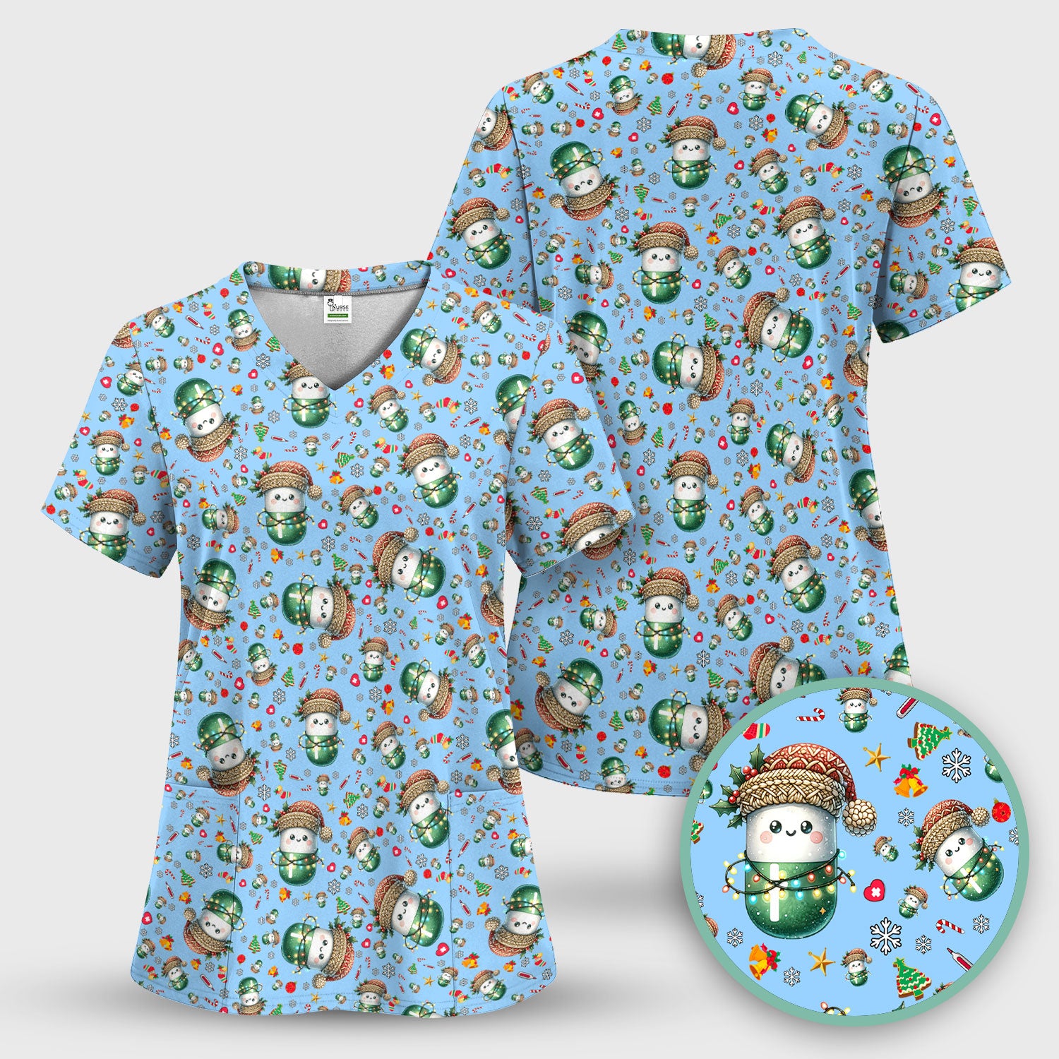 Pharmacy Tech Christmas Scrub Top – Cute Green Snowman Print Nurse Outfit – Funny Holiday Medical Uniform for Pharmacists