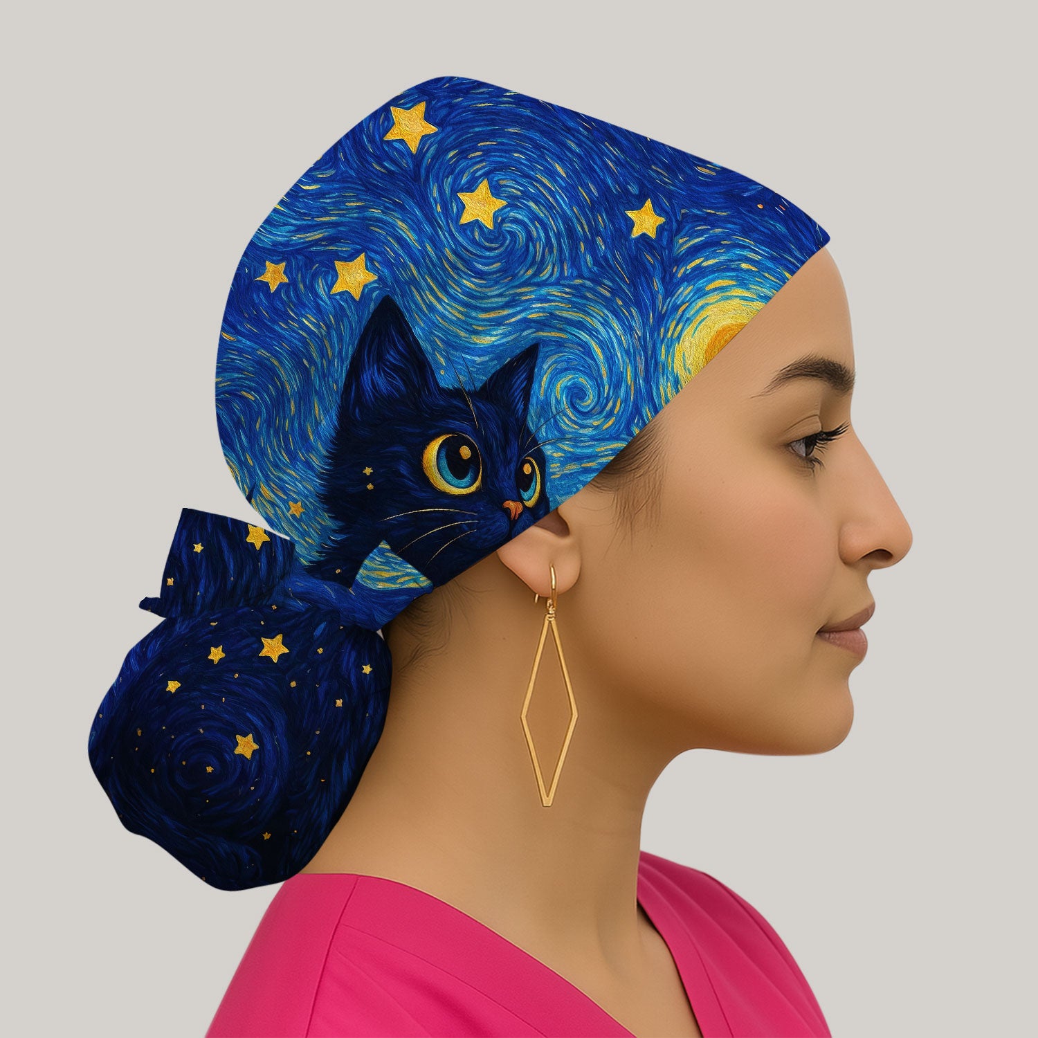 Black Cat Starry Night Pattern Print Surgical Cap, Breathable Fabrics Caps Uniform