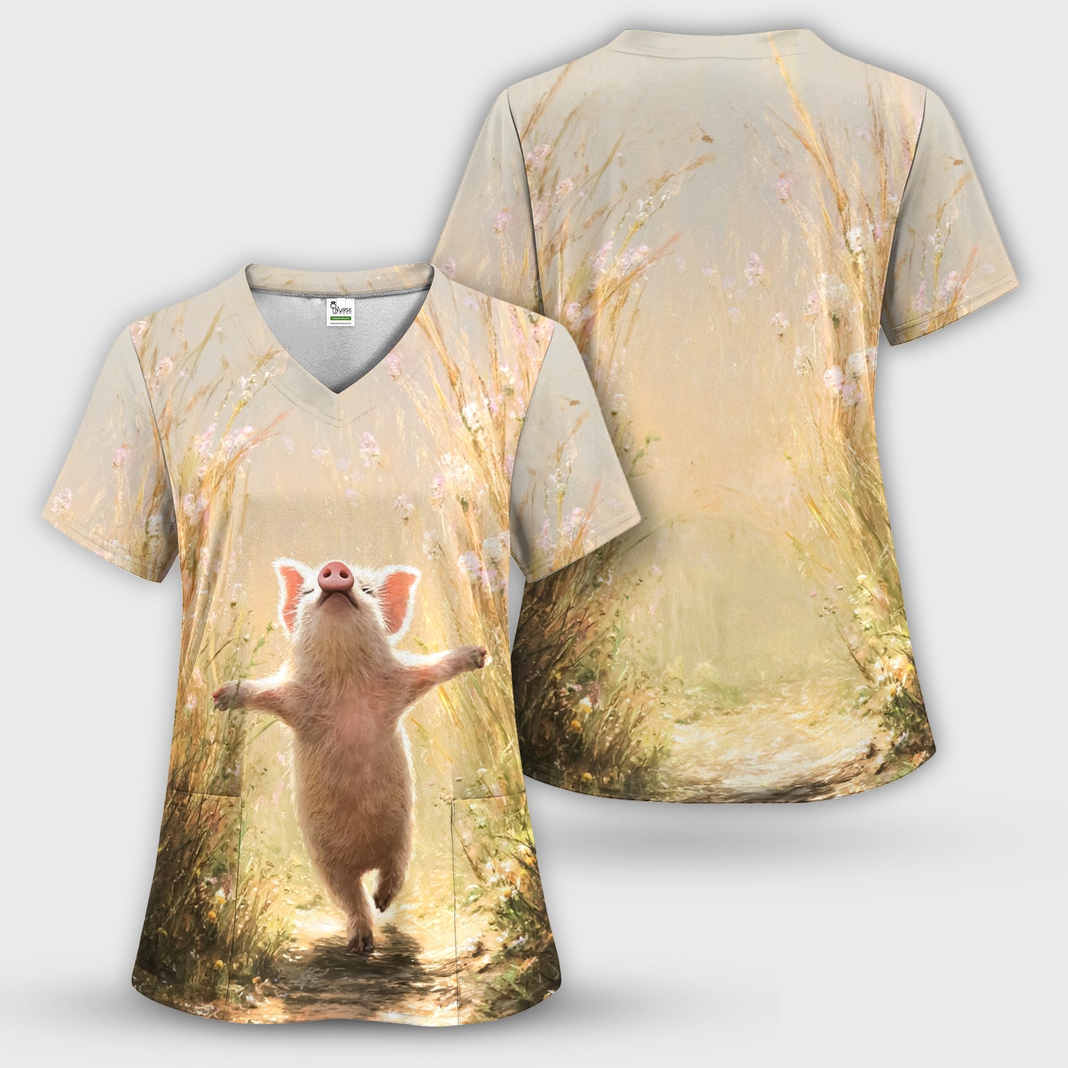 Happy Pig Running Meadow Pattern Nurse Scrub Set, Scrub Pants and V Neck Top
