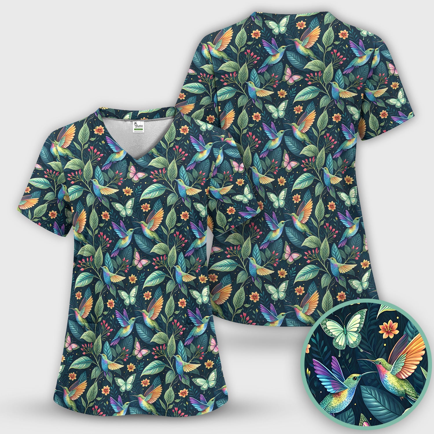 Vibrant Hummingbird Garden Nurse for RN, CNA, Botanical Medical Scrub Set, Scrub Pants and V Neck Top