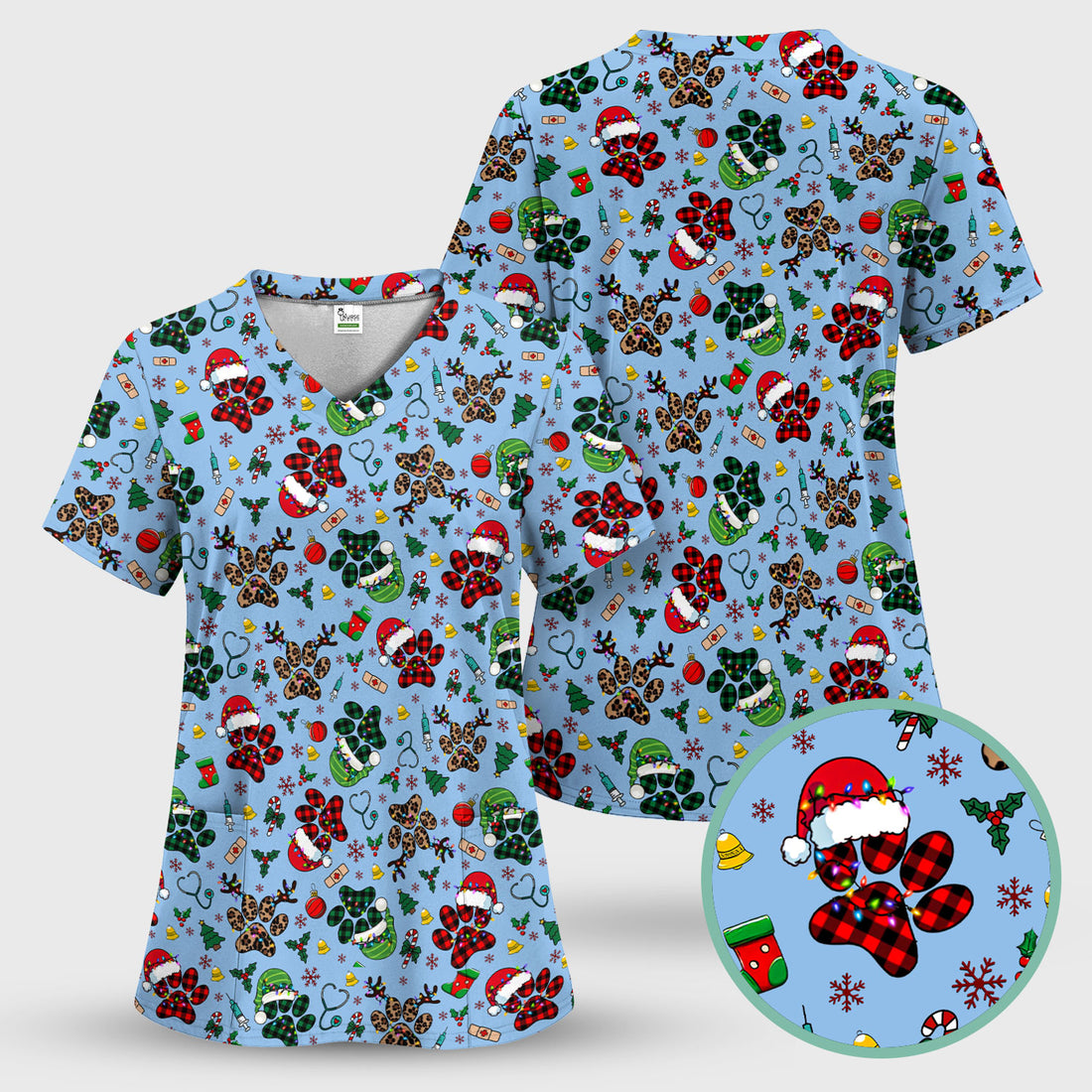 Christmas Paw Print Scrub Top for Nurses - Cute Leopard Holiday Pattern - Funny Festive Medical Uniform Gift