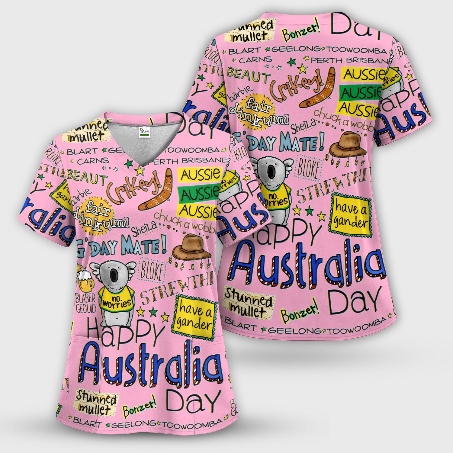 Cute Cartoon Koala Australia Pattern Scrub Top, Breathable Fabrics Nursing Uniform