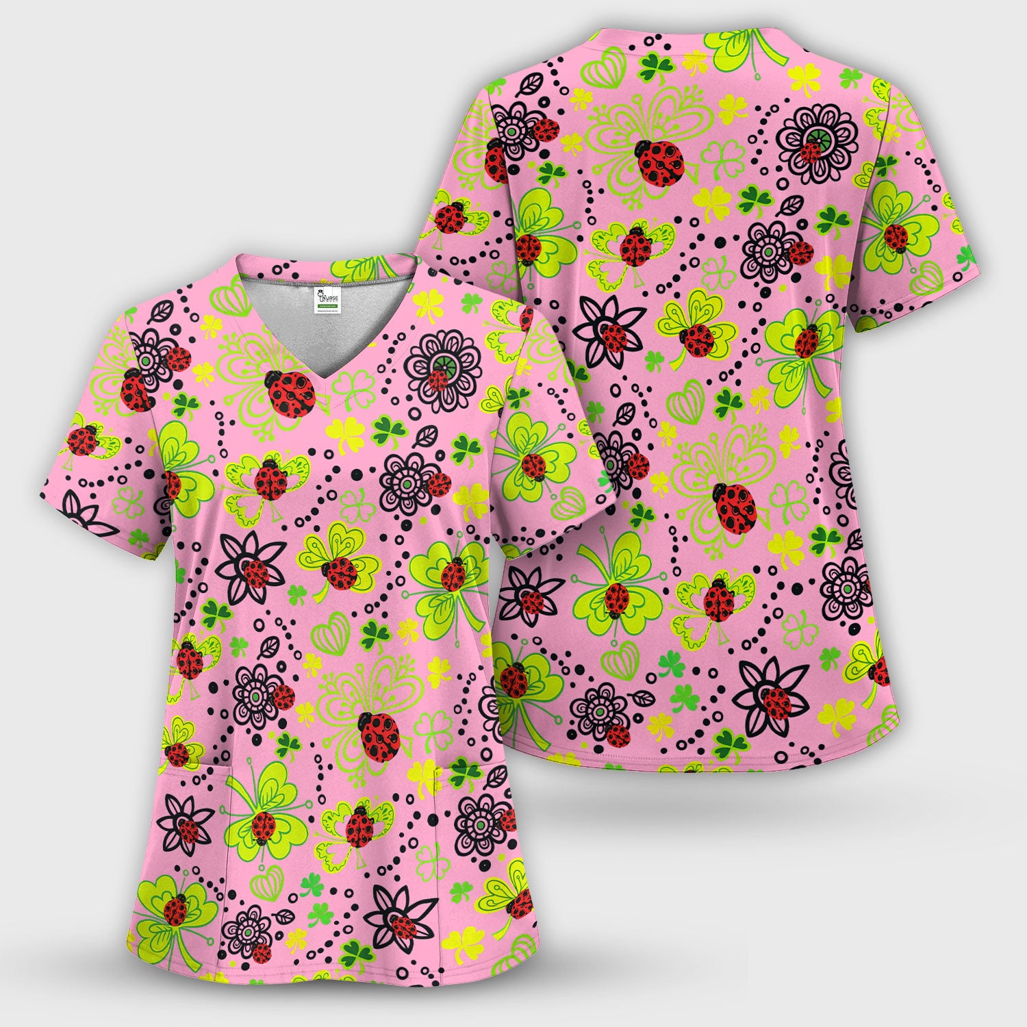 Ladybug Clover Floral Pattern Print Scrubs Nurses, Breathable Fabrics Nursing Uniform
