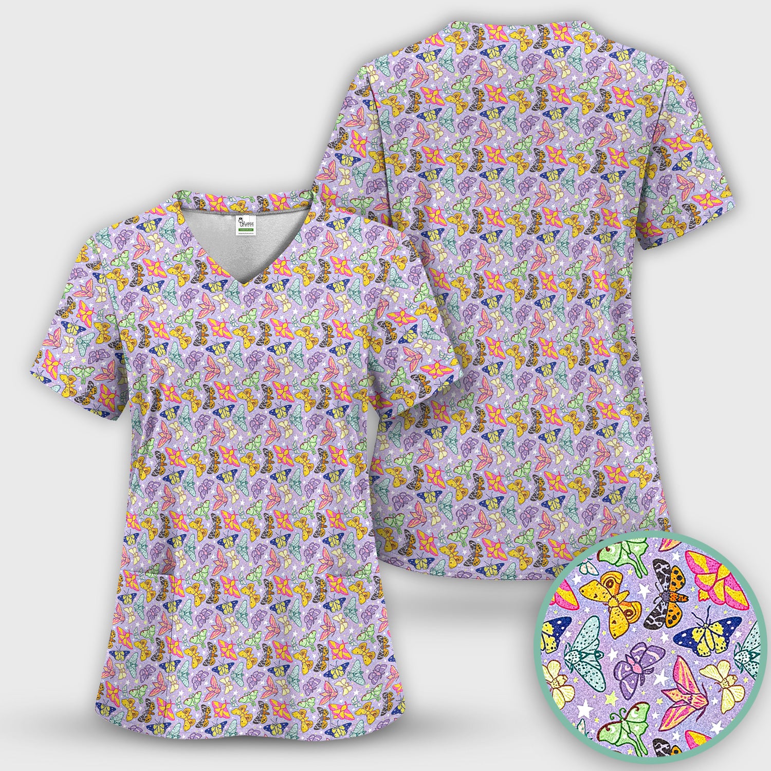 Colorful Butterfly Pattern Scrub Top, Breathable Fabrics Nursing Uniform