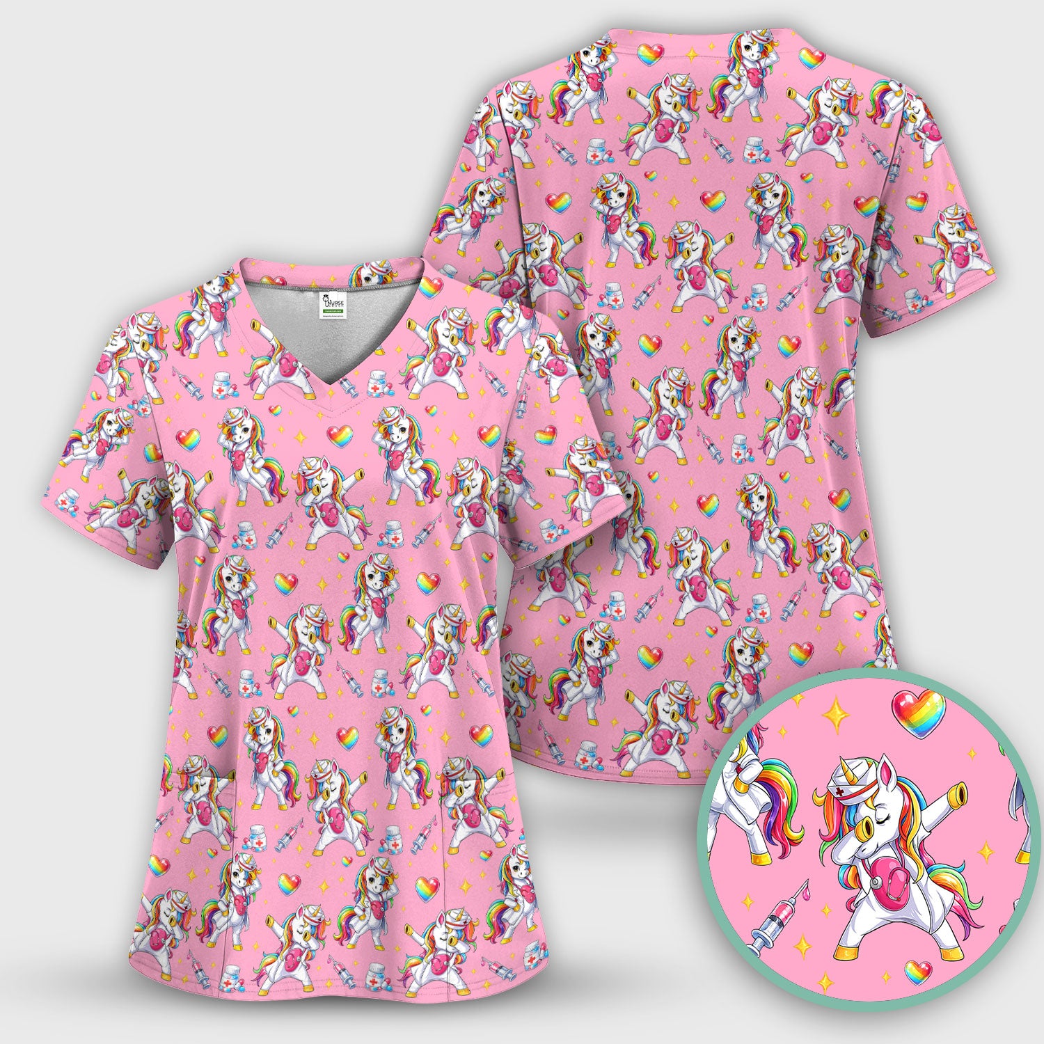 Playful Nurse Unicorn Rainbow Pattern Scrub Top, Comfortable Scrubs for Nurses