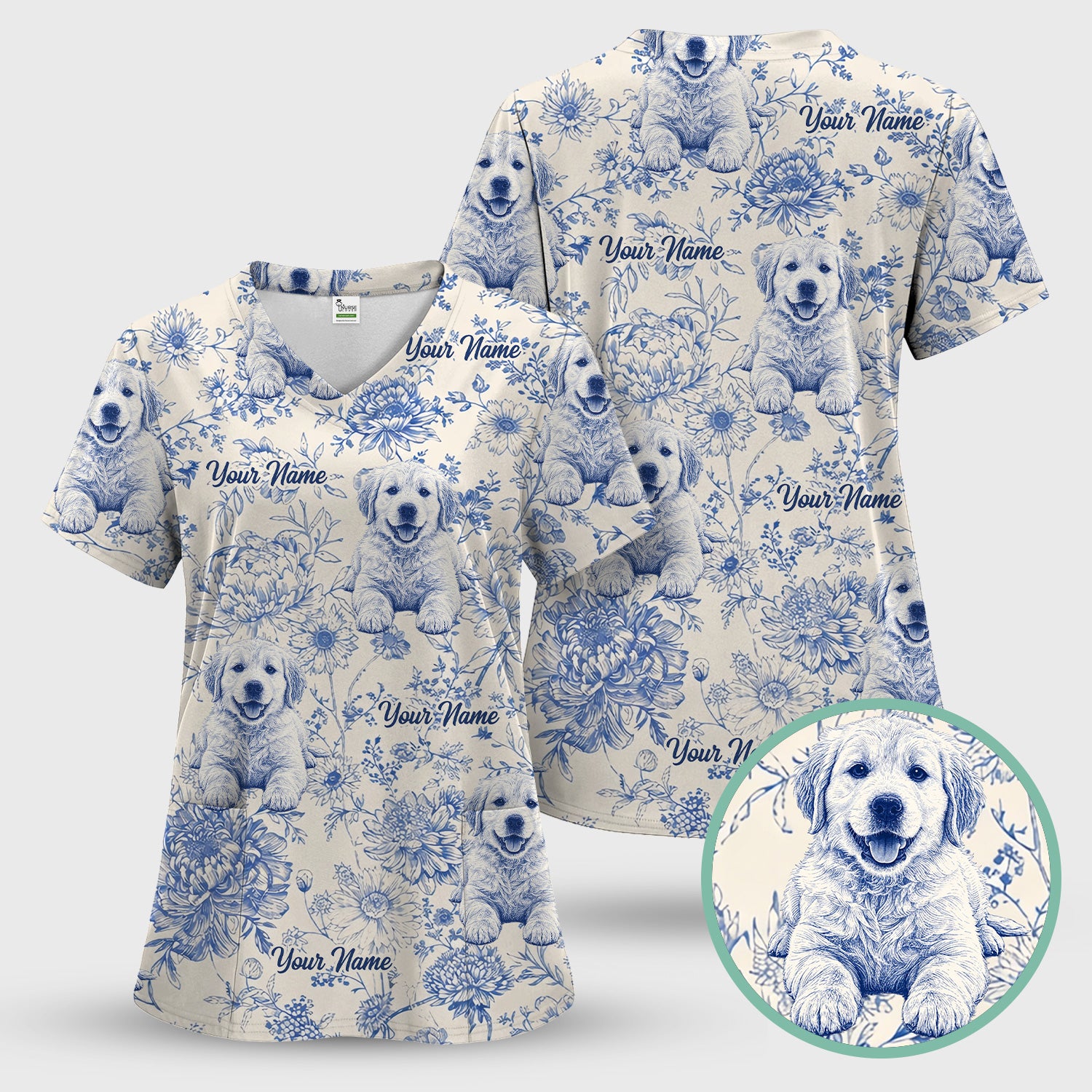 Personalized Custom Pet Photo Name Floral Pattern Scrub Top, Breathable Fabrics Nursing Uniform