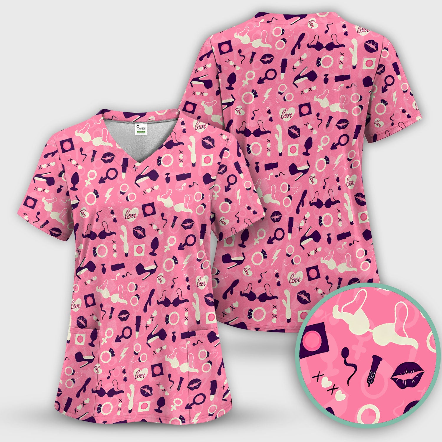 Valentine Pattern Nurse Scrub Top, Pink Love Nurse Shirt, Breathable Fabrics Nursing Uniform
