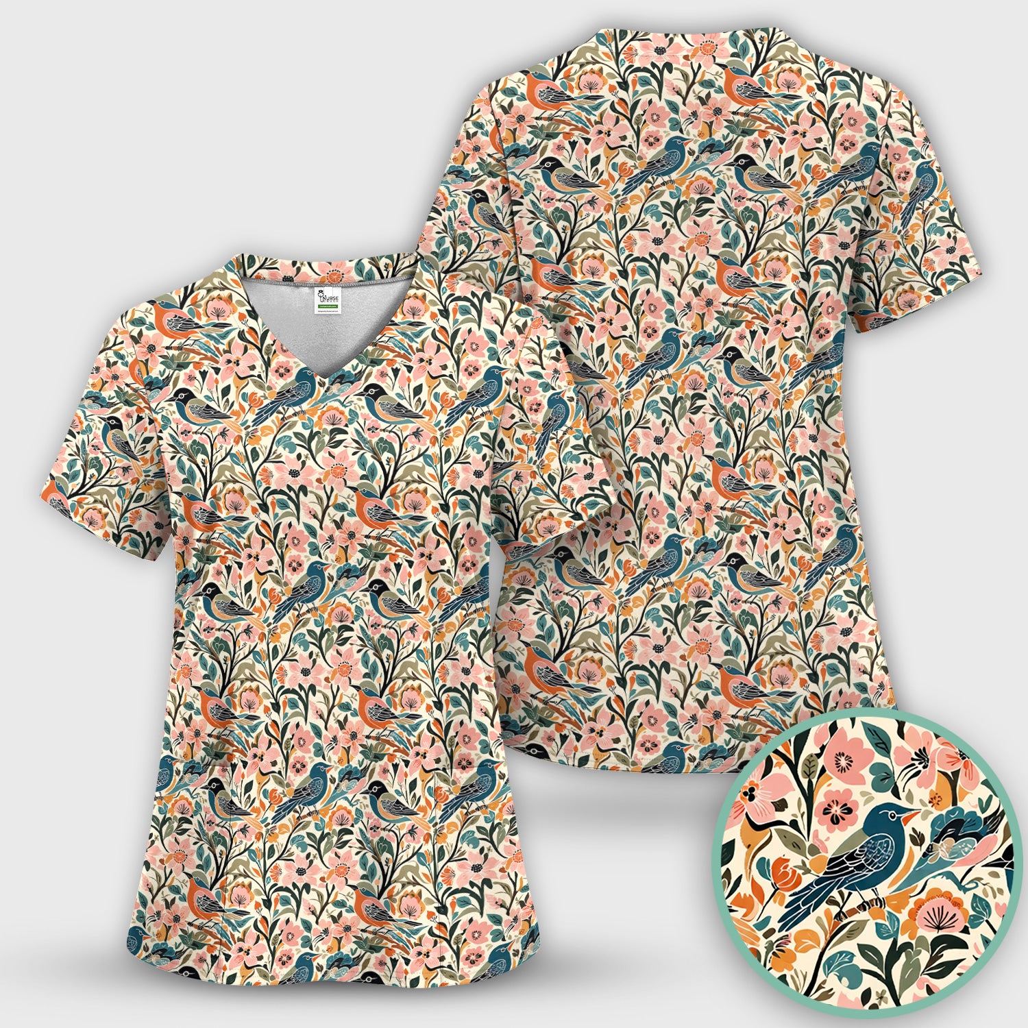 Folk Art Songbird Floral Pattern Scrub Top, Comfortable Scrubs for Nurses