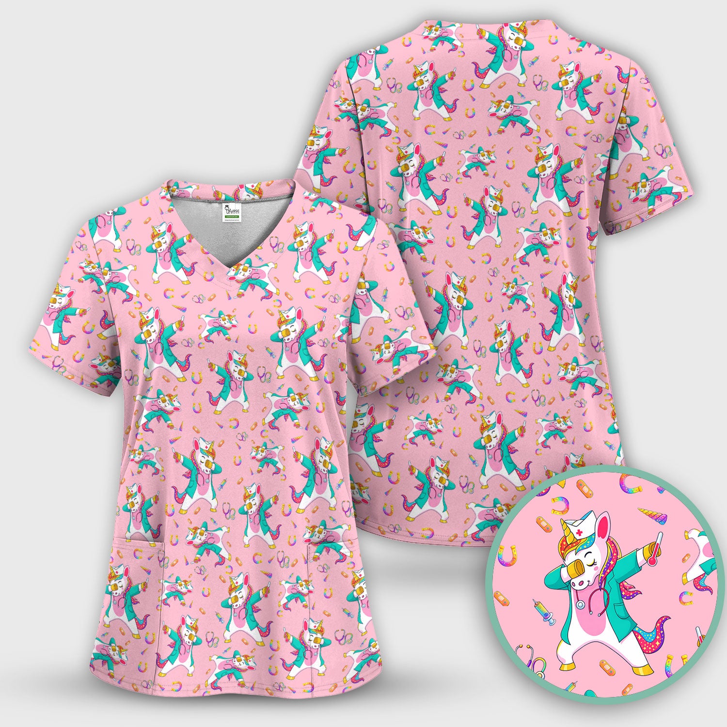 Cute Unicorn Nurse Dance Pattern Scrub Top, Breathable Fabrics Nursing Uniform