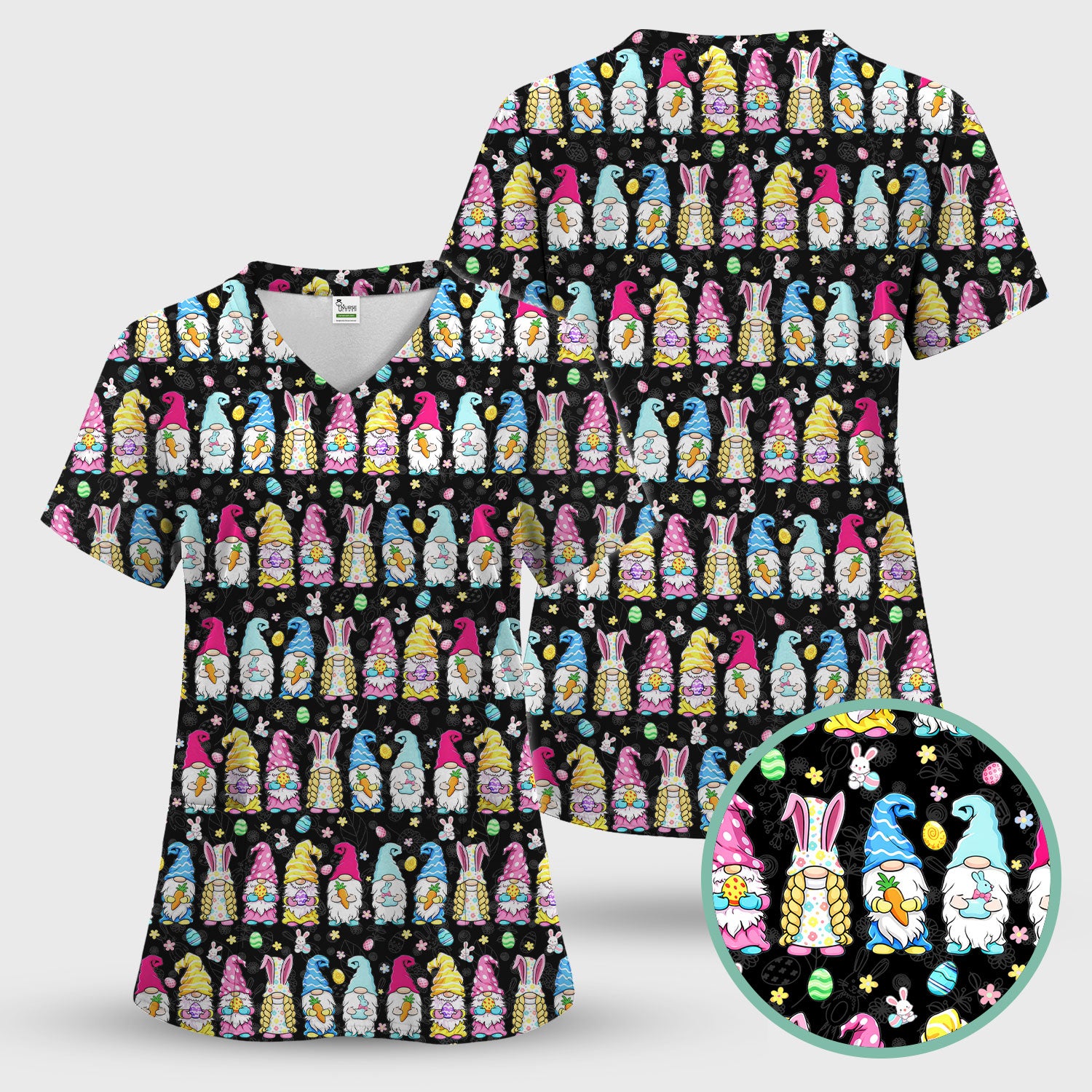 Colorful Easter Gnome Bunny Eggs Print Scrub Top, Comfortable Scrubs for Nurses