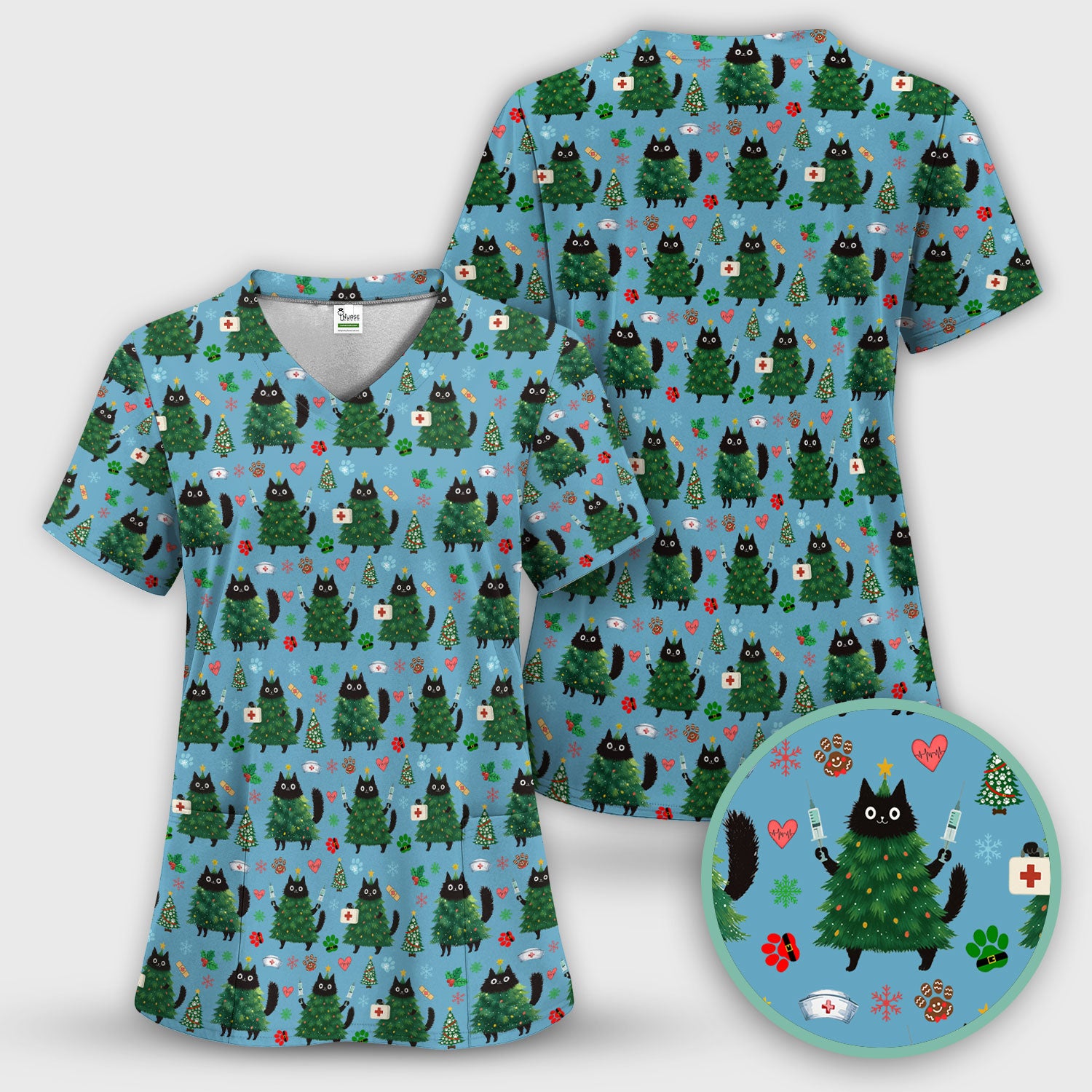 Christmas Nurse Scrub Top, Xmas Black Cat Pattern Nurse Shirt,  Breathable Fabrics Nursing Uniform