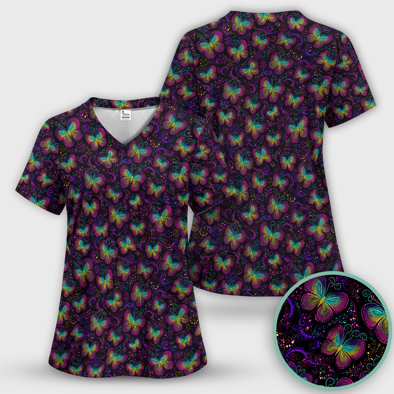 Cute Neon Butterfly Swirl Pattern Scrub Top, Comfortable Scrubs for Nurses