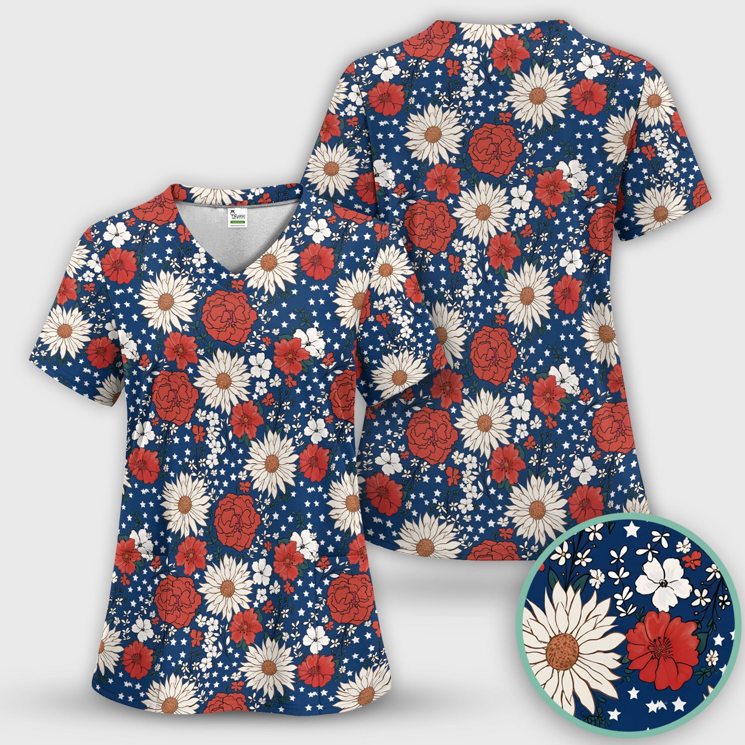 Red White Blue Floral Pattern Scrub Top, Comfortable Scrubs for Nurses