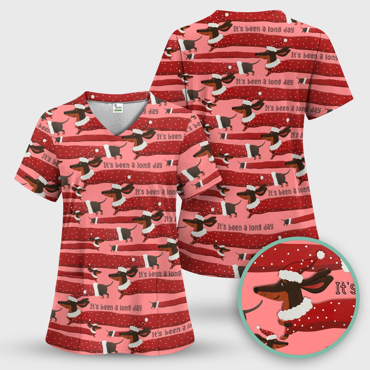 Funny Dachshund Christmas Scrub Top - It's Been a Long Day Shirt - Cute Wiener Dog Holiday Medical Uniform for Women