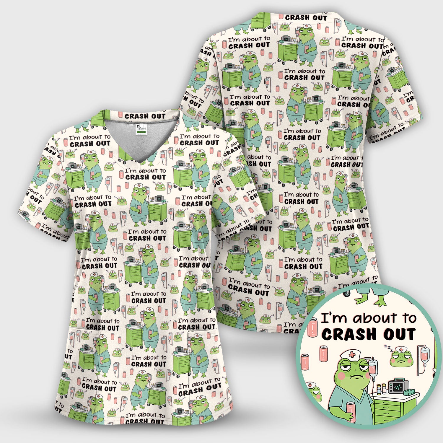 Funny Frog Pattern Nurse Scrub Top, I’m About to Crash Out Nurse Shirt, Breathable Fabrics Nursing Uniform