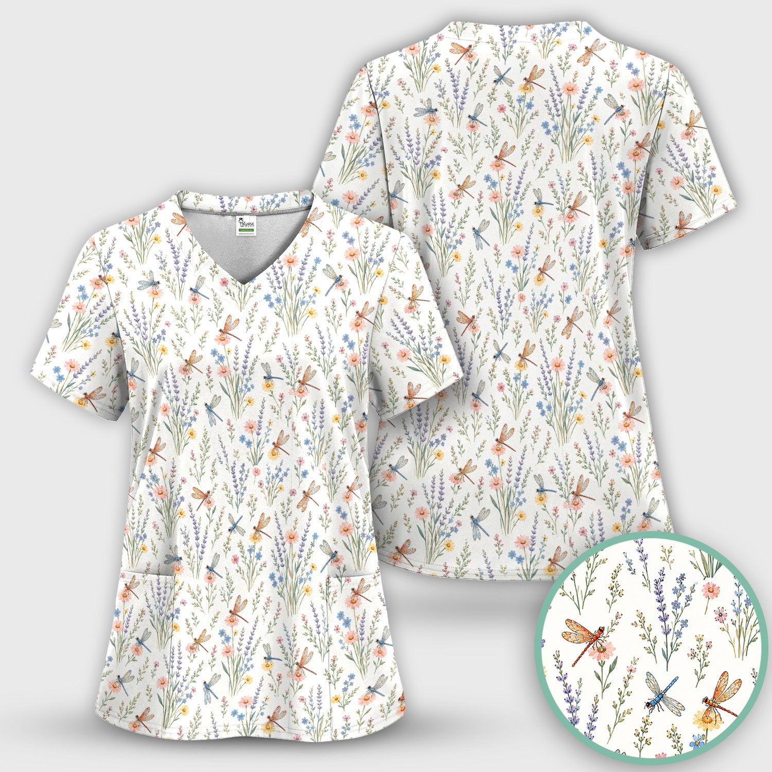 Dragonfly Wildflower Meadow Pattern Scrub Top, Comfortable Scrubs for Nurses