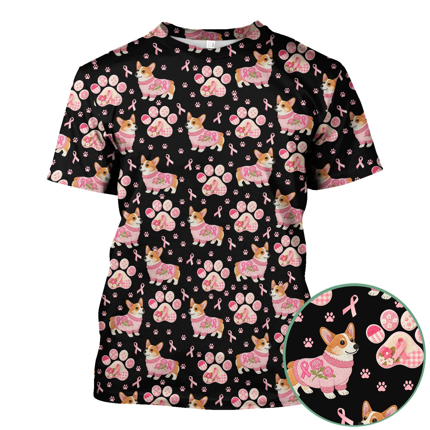 Corgi Pink Ribbon Scrub for Women - Breast Cancer Awareness Shirt - Floral Dog Paw Print Nursing Uniform - Support Gift