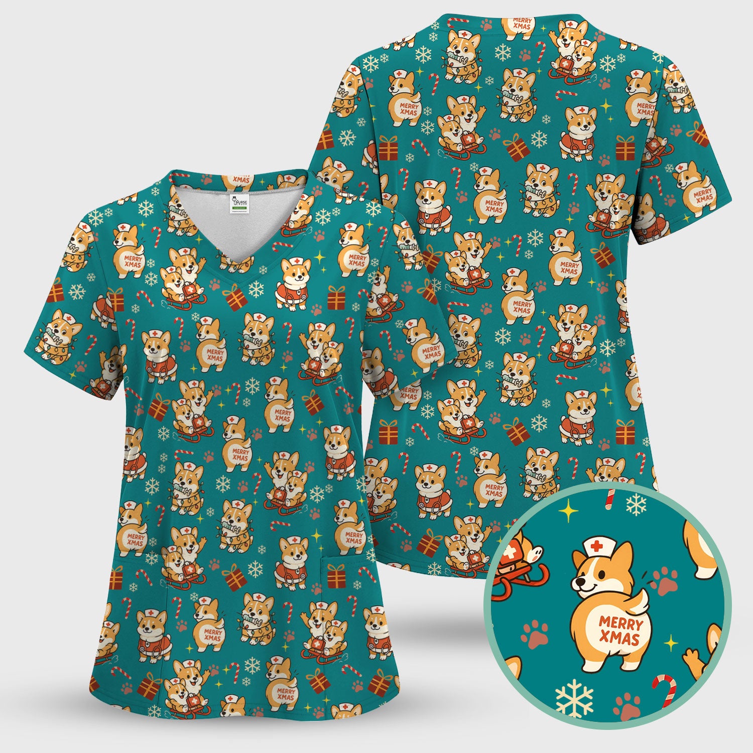 Christmas Corgi Scrubs Set for Women - Fun Corgi Christmas Pattern Nurse Scrubs Top and Pants - Festive Holiday Scrubs for CNA LPN RN