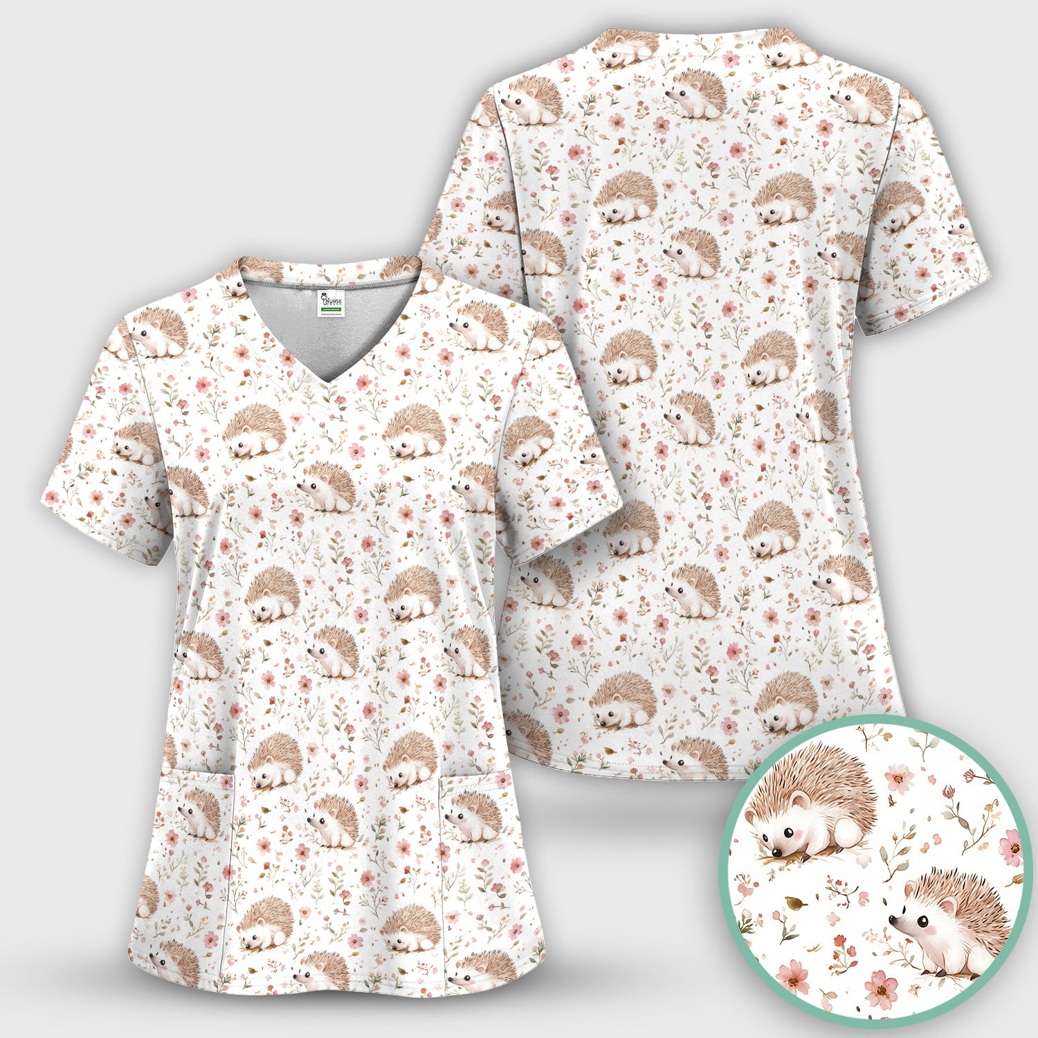 Cute Hedgehog Wildflower Garden Pattern Scrub Top, Comfortable Scrubs for Nurses