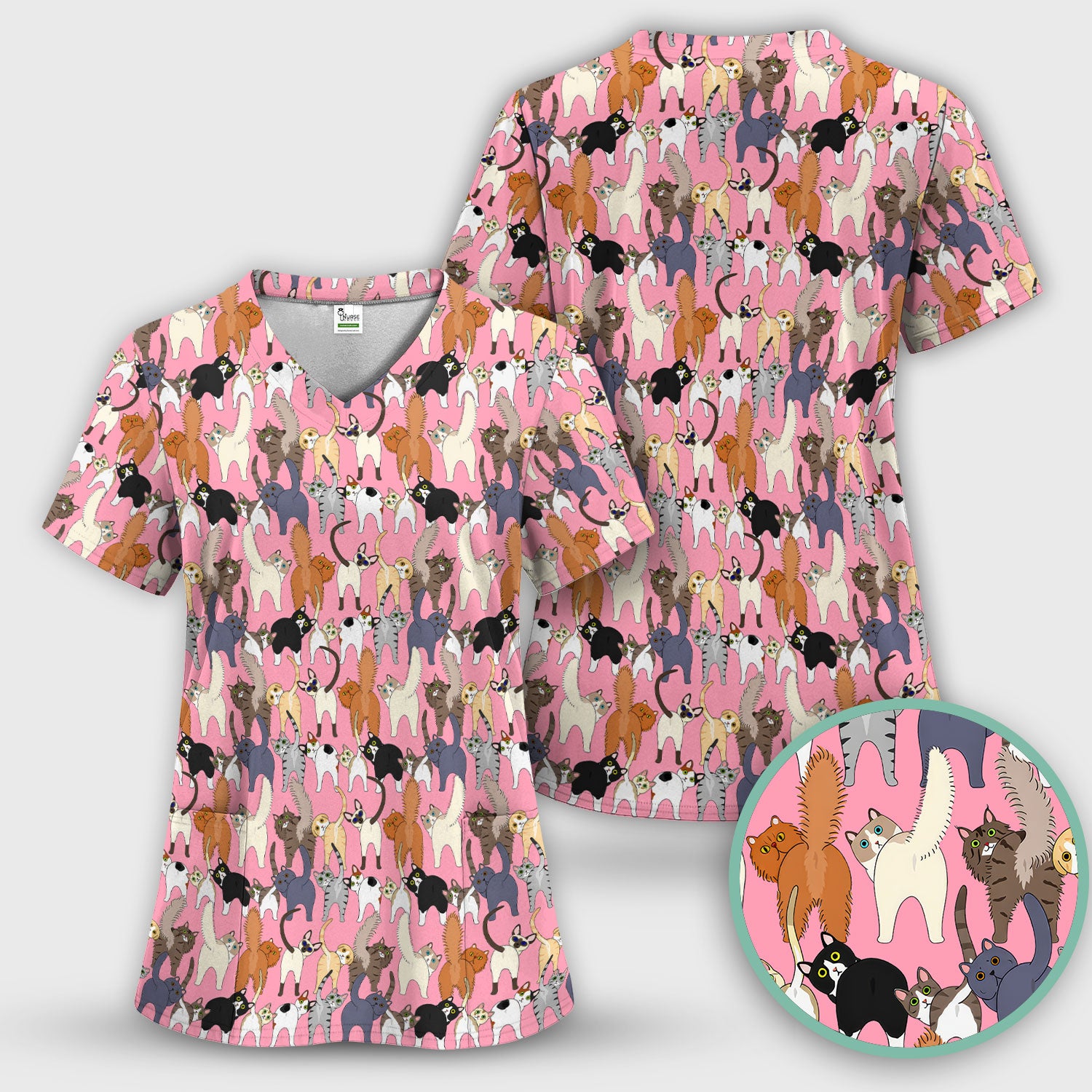 Whimsical Multicolor Cat Cartoon Pattern Scrub Top, Comfortable Scrubs for Nurses