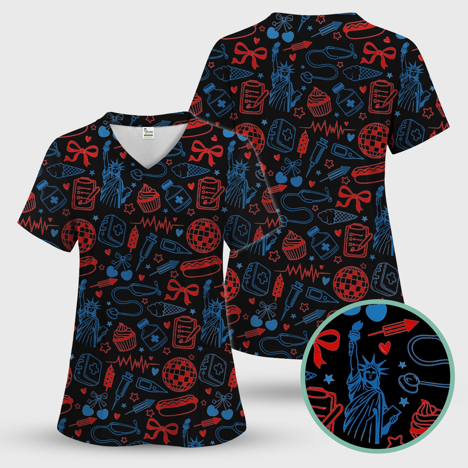 Patriotic Nurse Medical Icons Pattern Scrub Set, Scrub Pants and V Neck Top