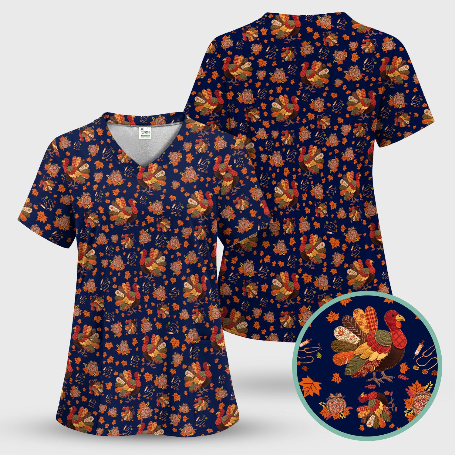 Thanksgiving Turkey Nurse Scrub Top for Women - Fall Leaves Pattern Shirts - Autumn Nursing Uniform Gift for RN LPN CNA