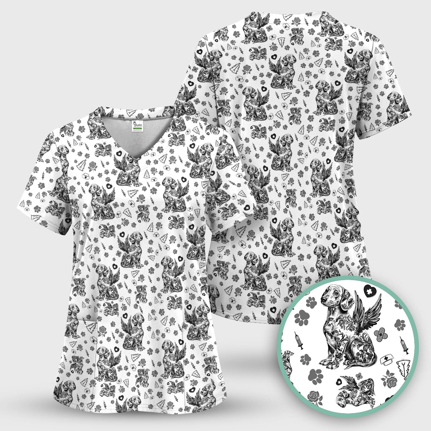 Toile de Jouy Dachshund Angel Scrub Top - Blue Vintage Dog Nurse Shirt - Memorial Christmas Gift